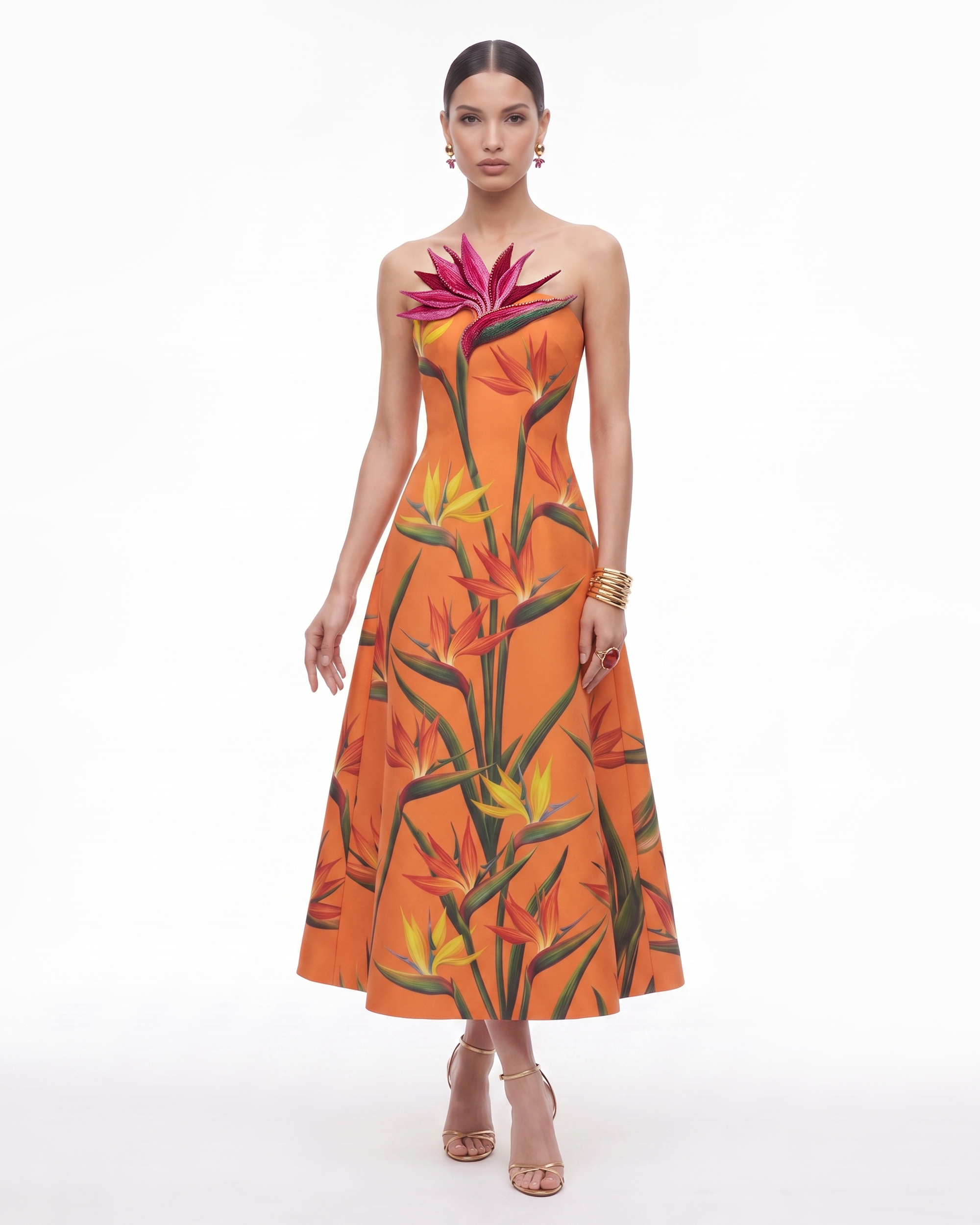 orange bird dress of Paradise Appliqué Strapless A-Line Midi - As-Is Satin Plus Size evening maxi dresses highlighting the craftsmanship of Color:Pearlescent