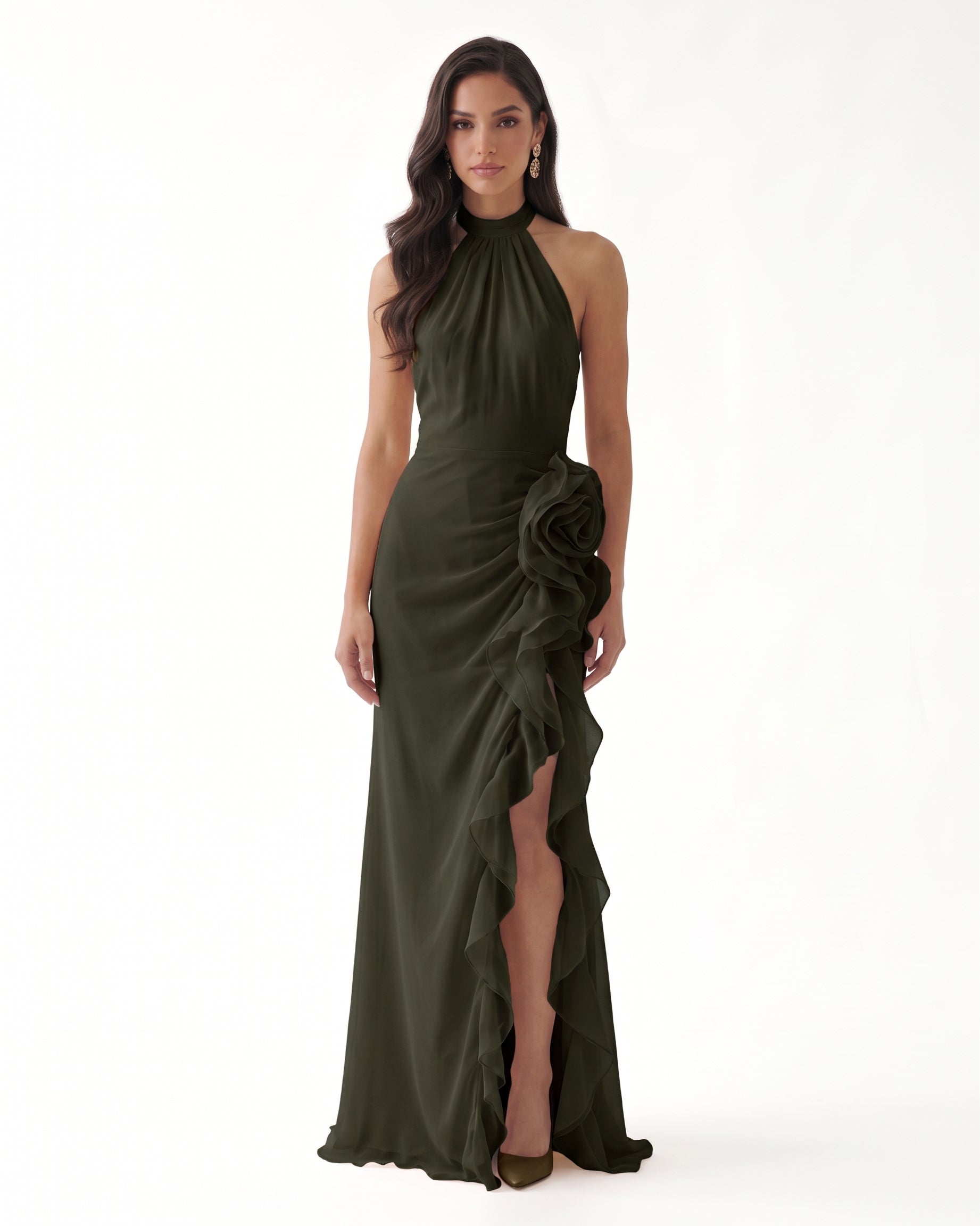 Halter Ruffle Rosette Slit Maxi Dress - Olive Green