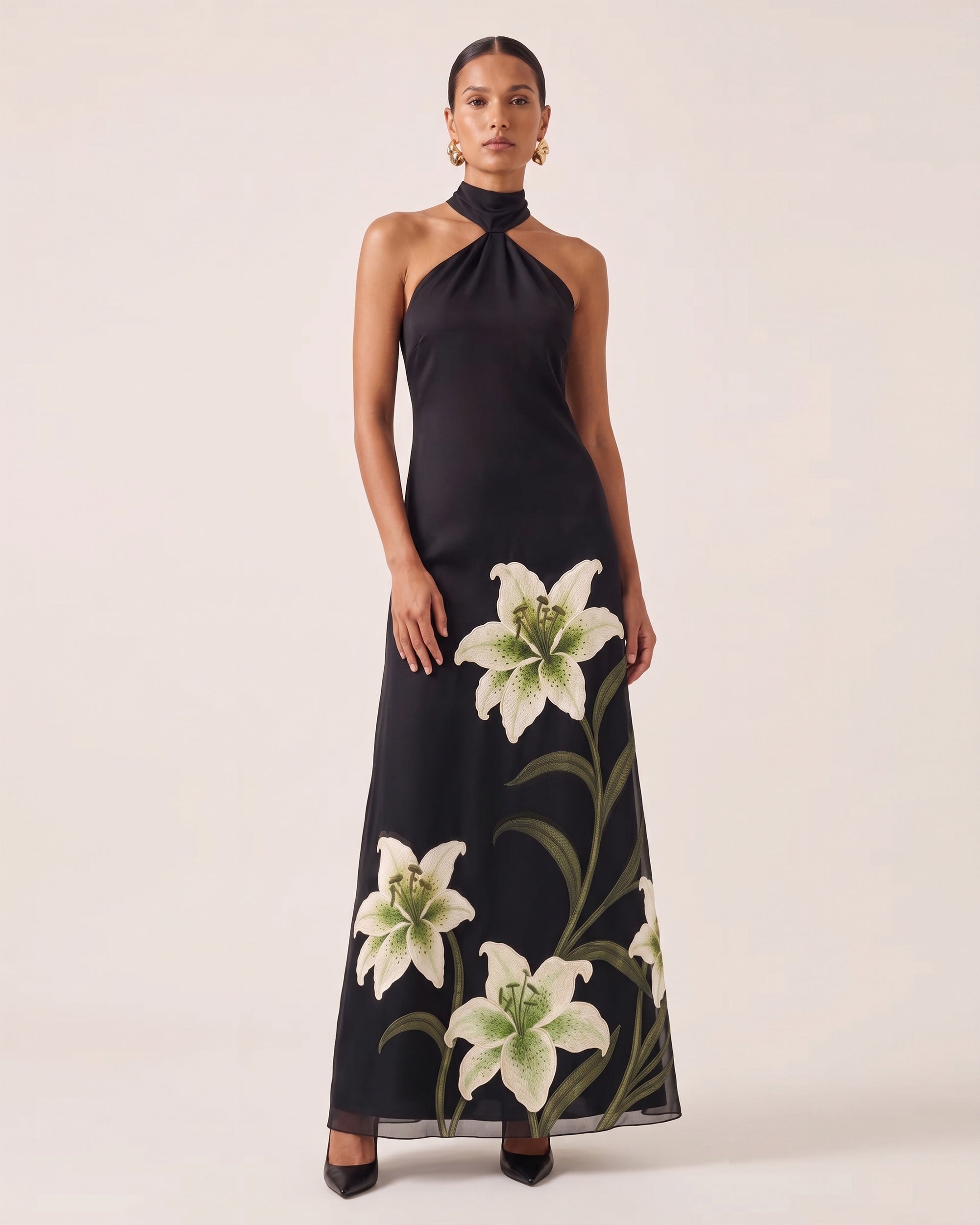 lily black dress Embroidered Ruched Halter Maxi - Color:Black Cherry shaped suspender skirt Baby girl KissProm A Line Black