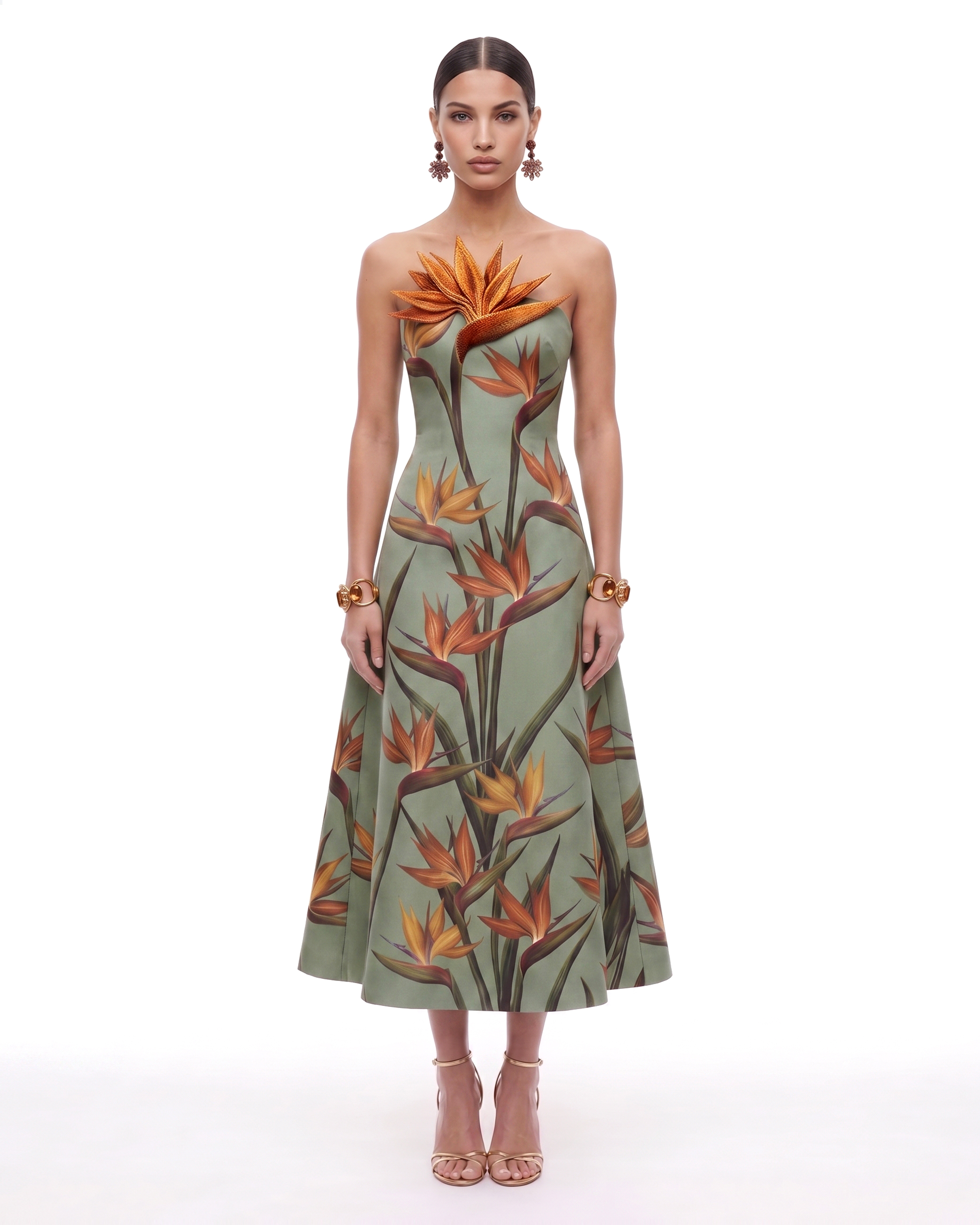 green bird print dress of Paradise Appliqué Strapless A-Line Midi - Sage 6 Exclusive Designer Gown