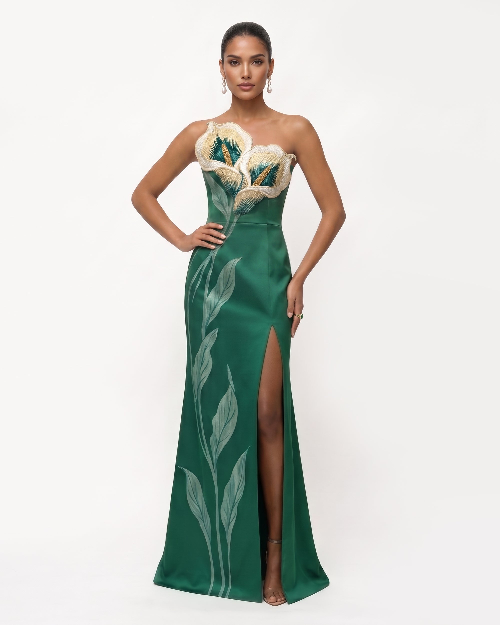 Calla Lily Strapless Slit Maxi Dress - Emerald Green 10