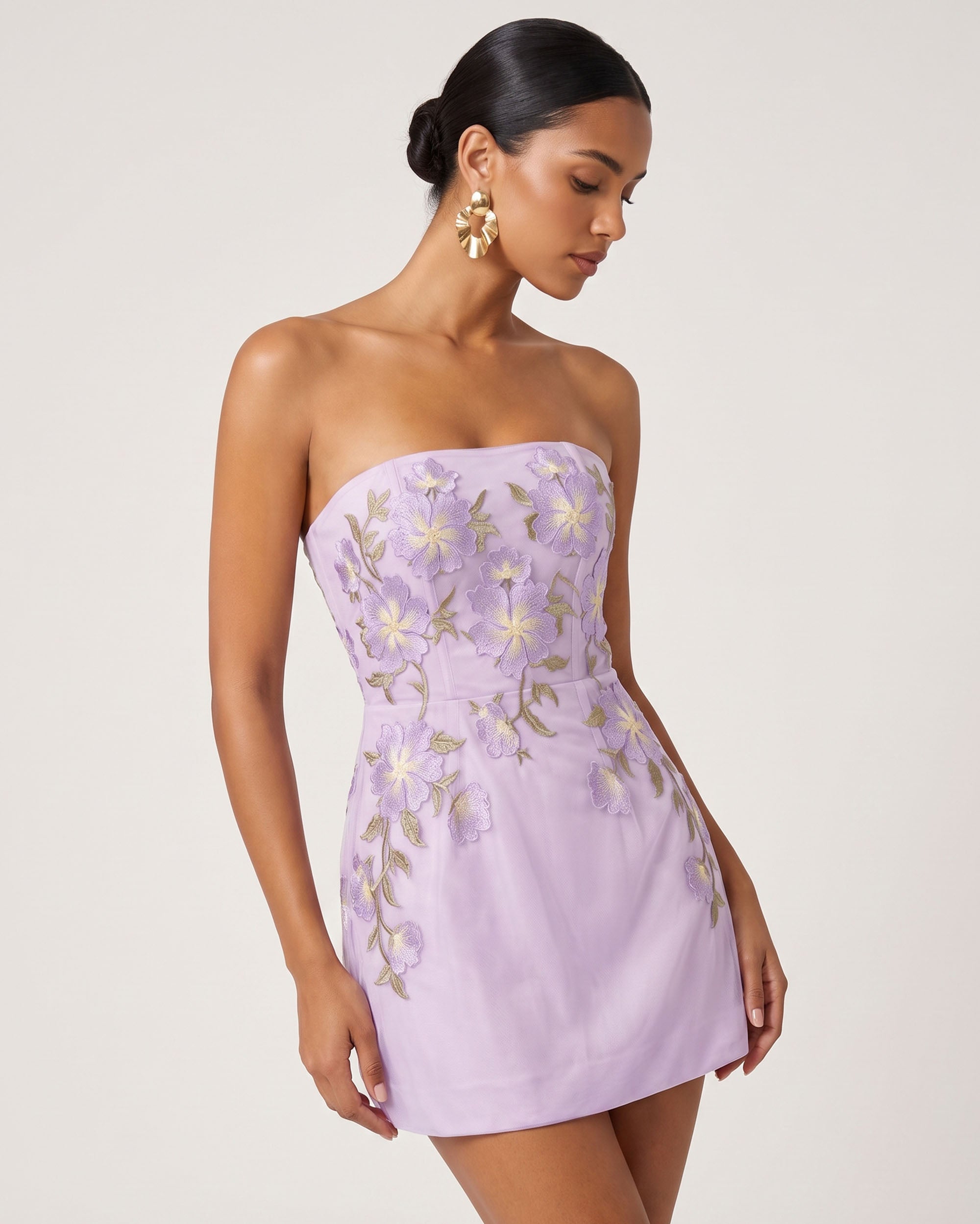Floral Embroidered Strapless Corset Mini Dress - Light Purple 6