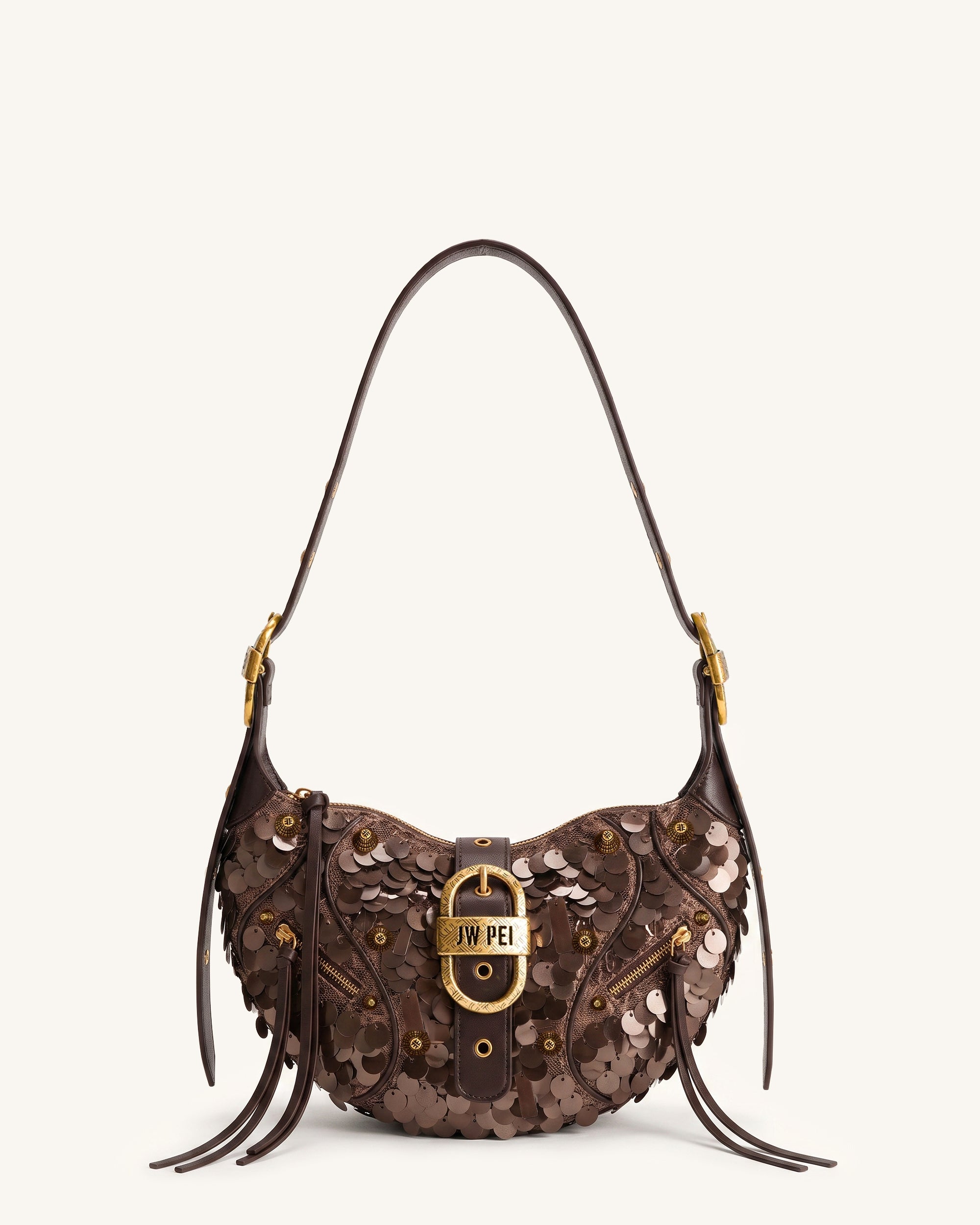 Tessa Sequins Studded Shoulder Bag - Coffee Brown | JW PEI