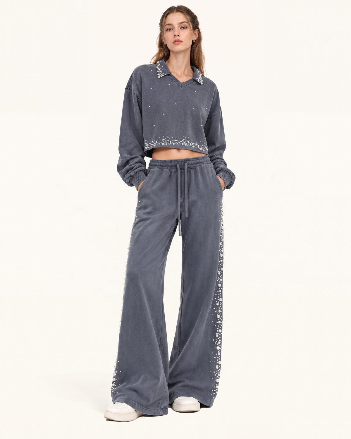 Gradient Pearl Trim Drawstring Sweatpants - Washed Slate