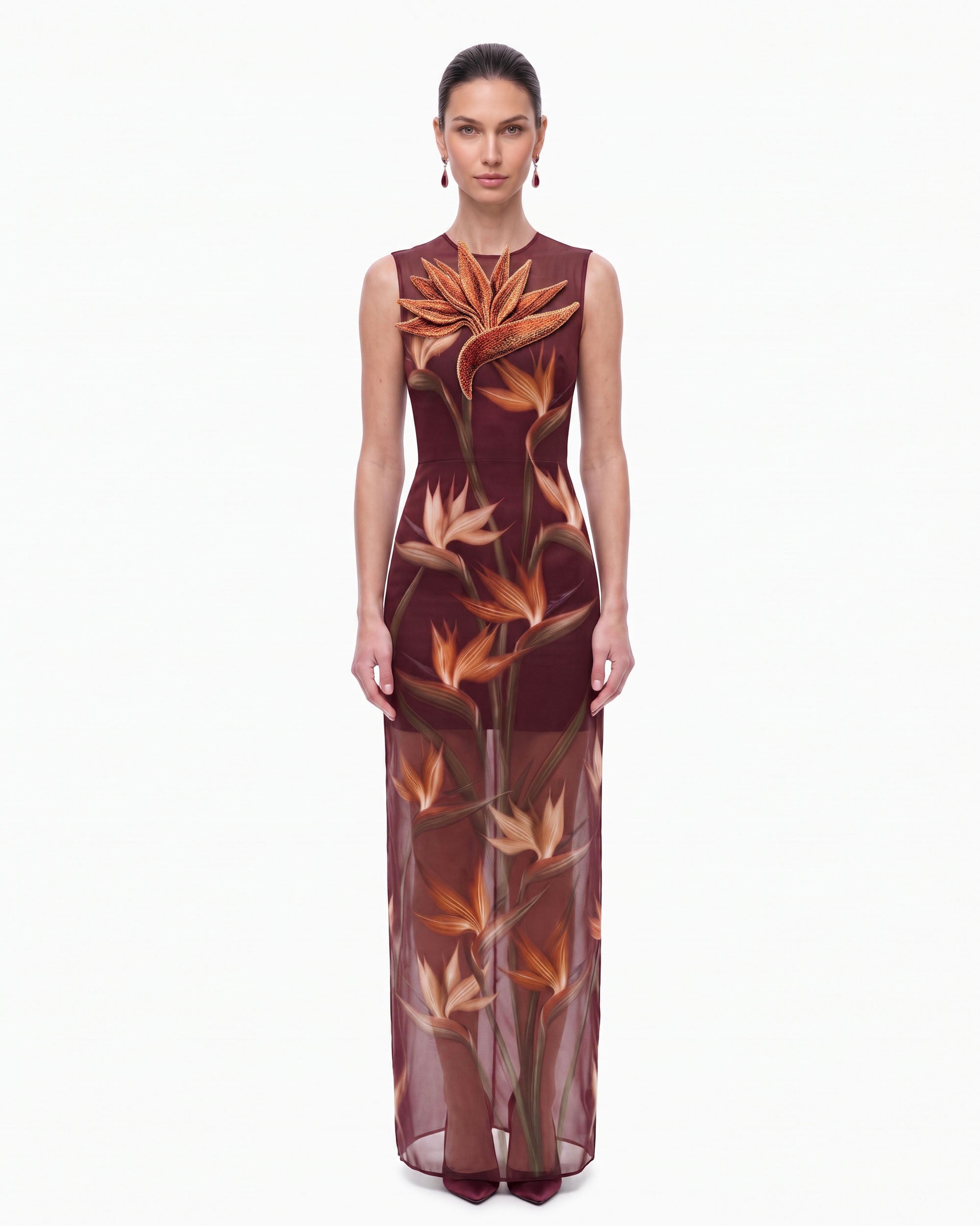 burgundy column dress Bird of Paradise Appliqué Sheer Maxi - 10 Floor length White Glove Delivery Affordable Beach Wedding Dresses Size:4-5 Years