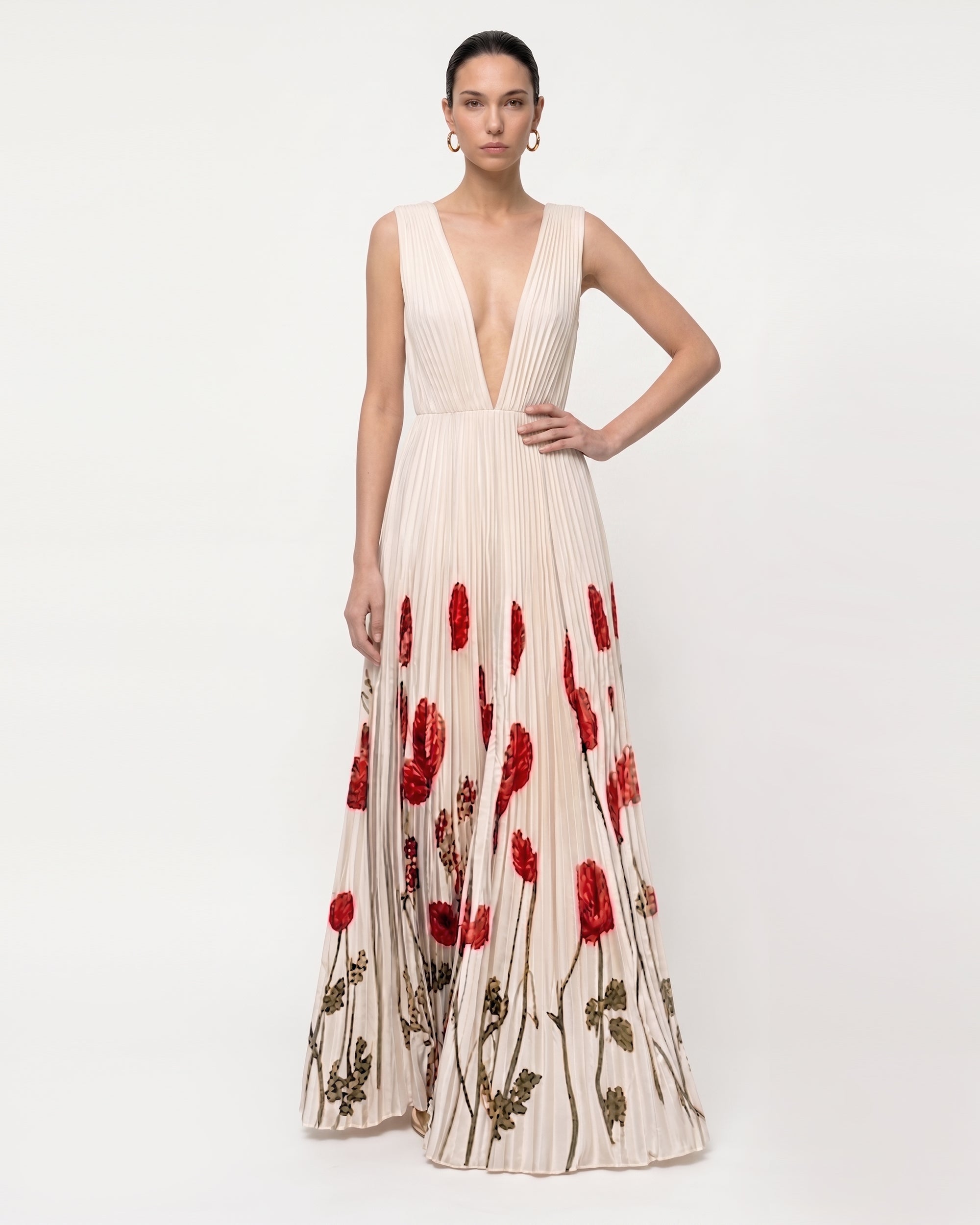 plisse maxi dress Printed Corn Poppy Plissé Plunge - Ivory 4 Brown bodycon velvet dress Color:Natural Walnut La Femme Dress 33485 simply switch up your