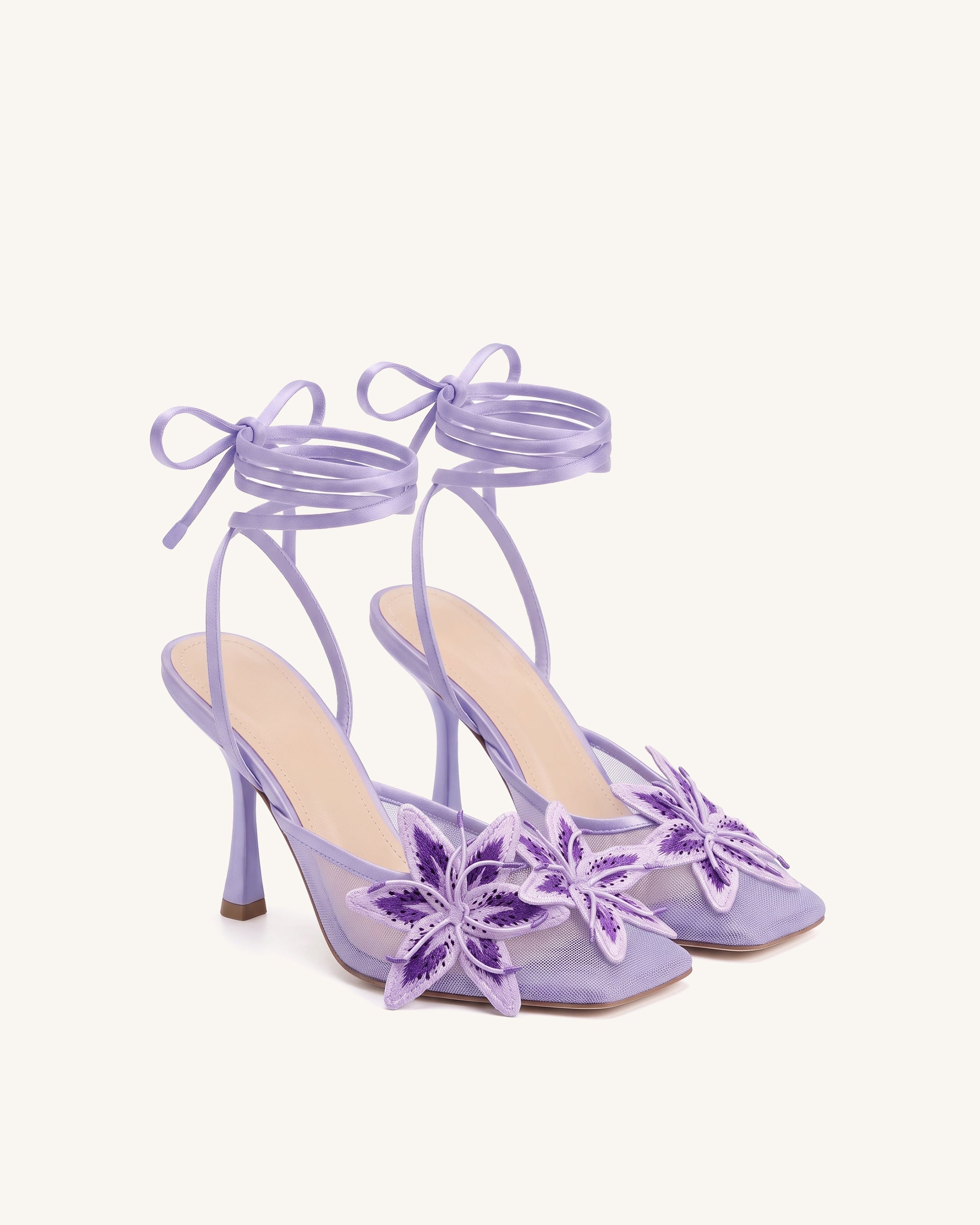 【未使用】Decoration Desire フラワーレースハット　パープル Isadora Lily Floral Mesh Lace-Up Stiletto Sandals - Lavender | JW PEI