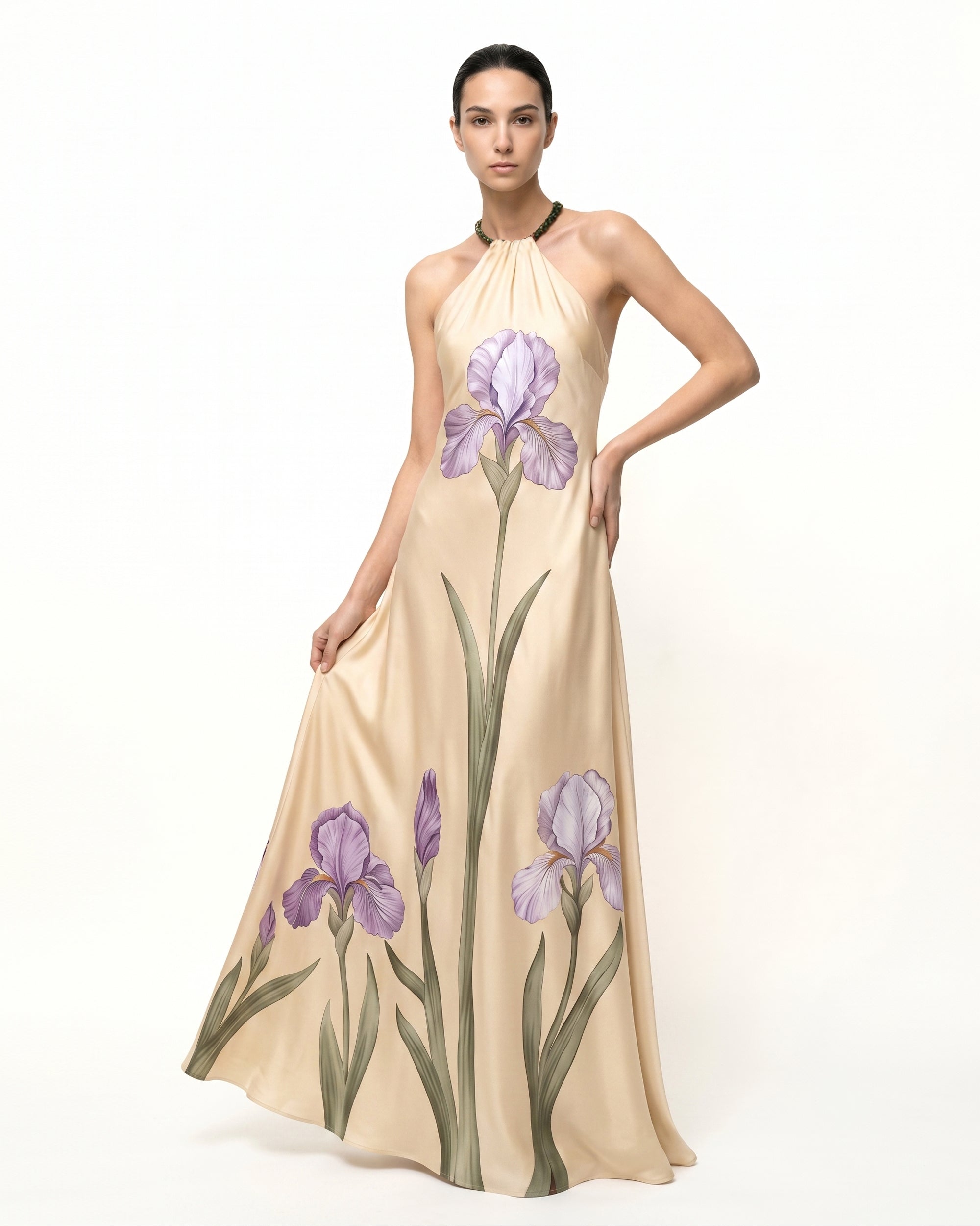 Iris Floral Print Halter Maxi Dress - Cream