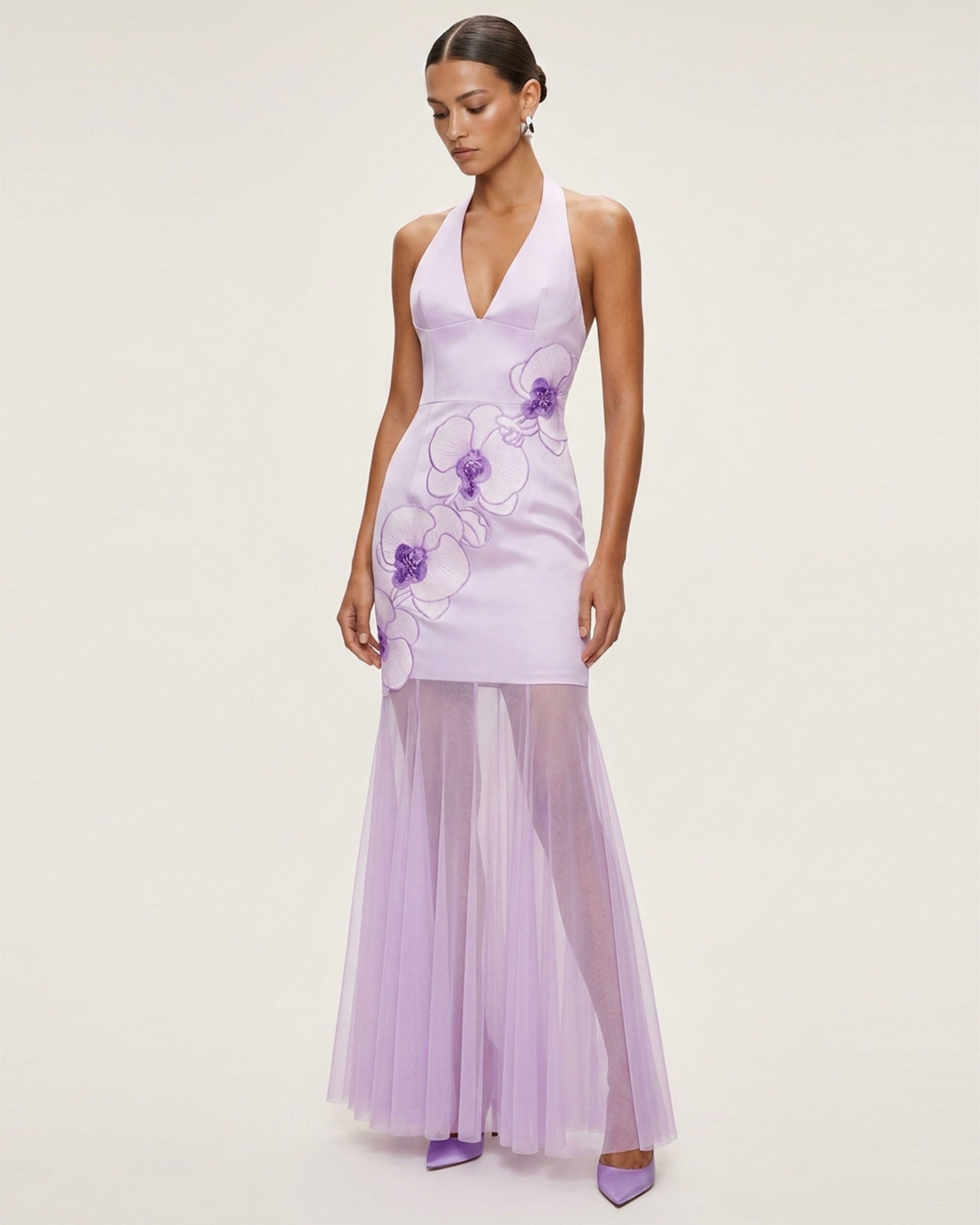orchid purple dress Embroidered Sheer Hem Halter Maxi - Lanvender Long Sleeves Layered Blue Mermaid One Shoulder Prom Dresses Colour:CHAMPAGNE fluid drape