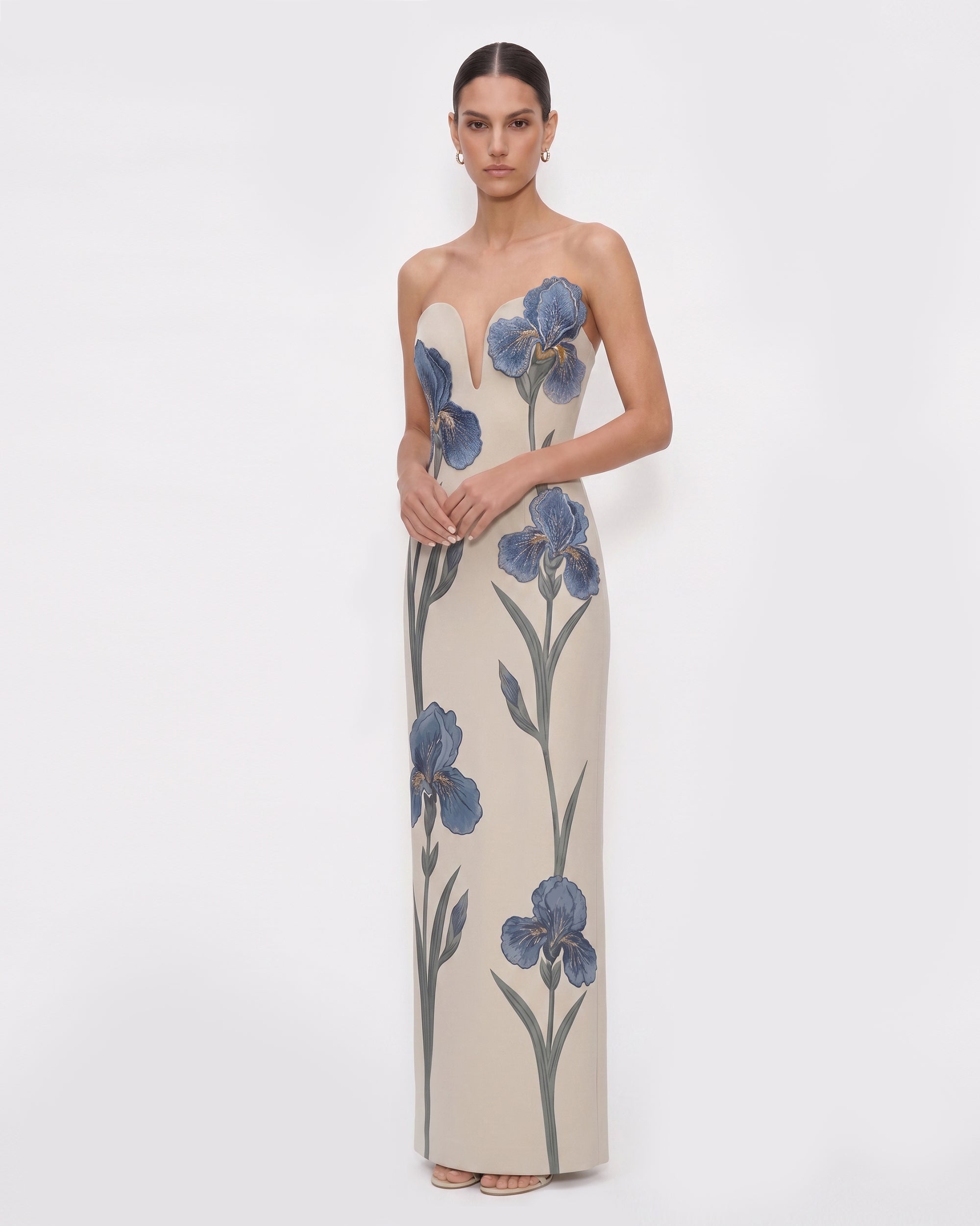 Iris Embroidered Notch Neck Strapless Maxi Dress - Light Beige 4