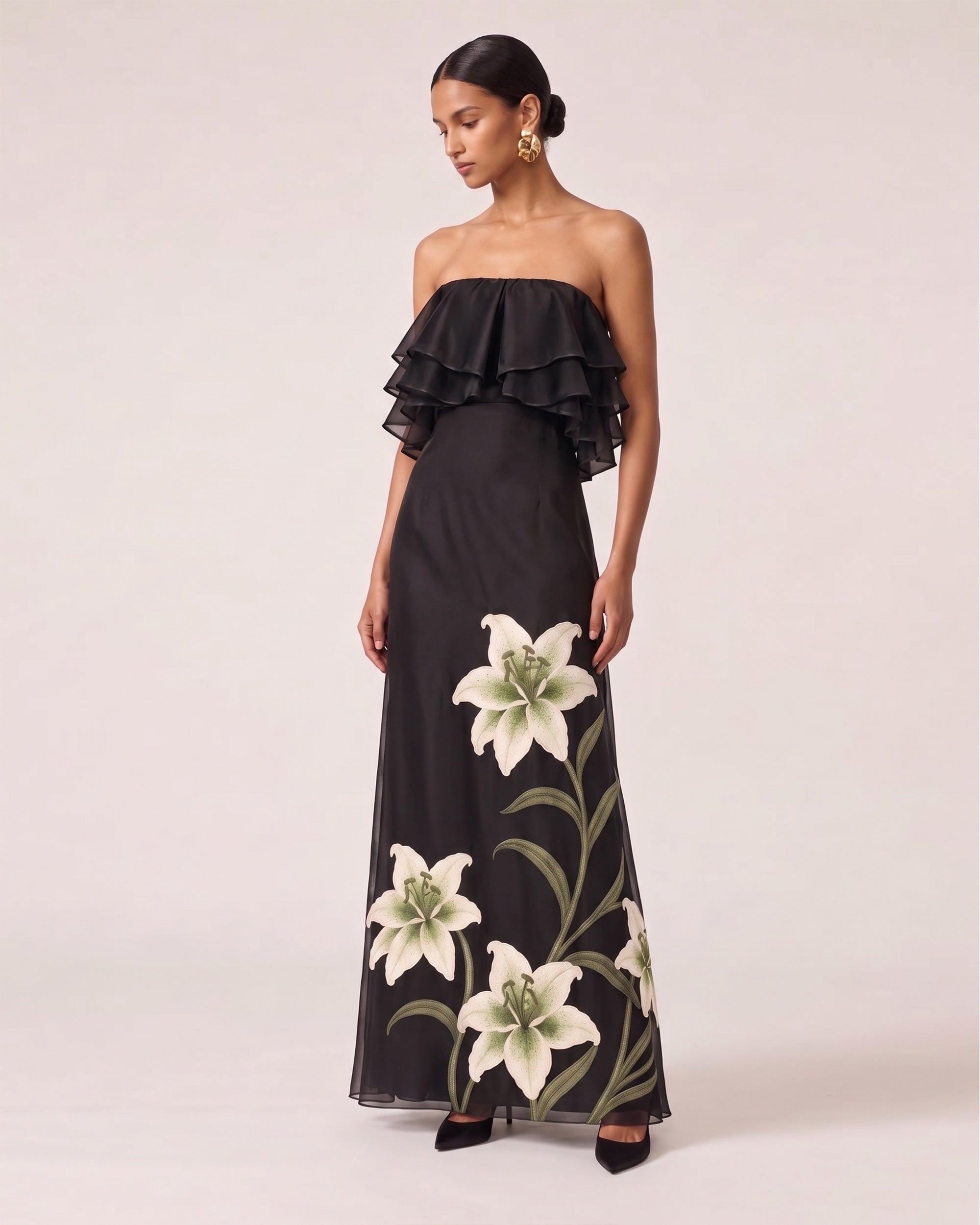 layered ruffle dress black Lily Embroidered Strapless Maxi - Perfect for a date