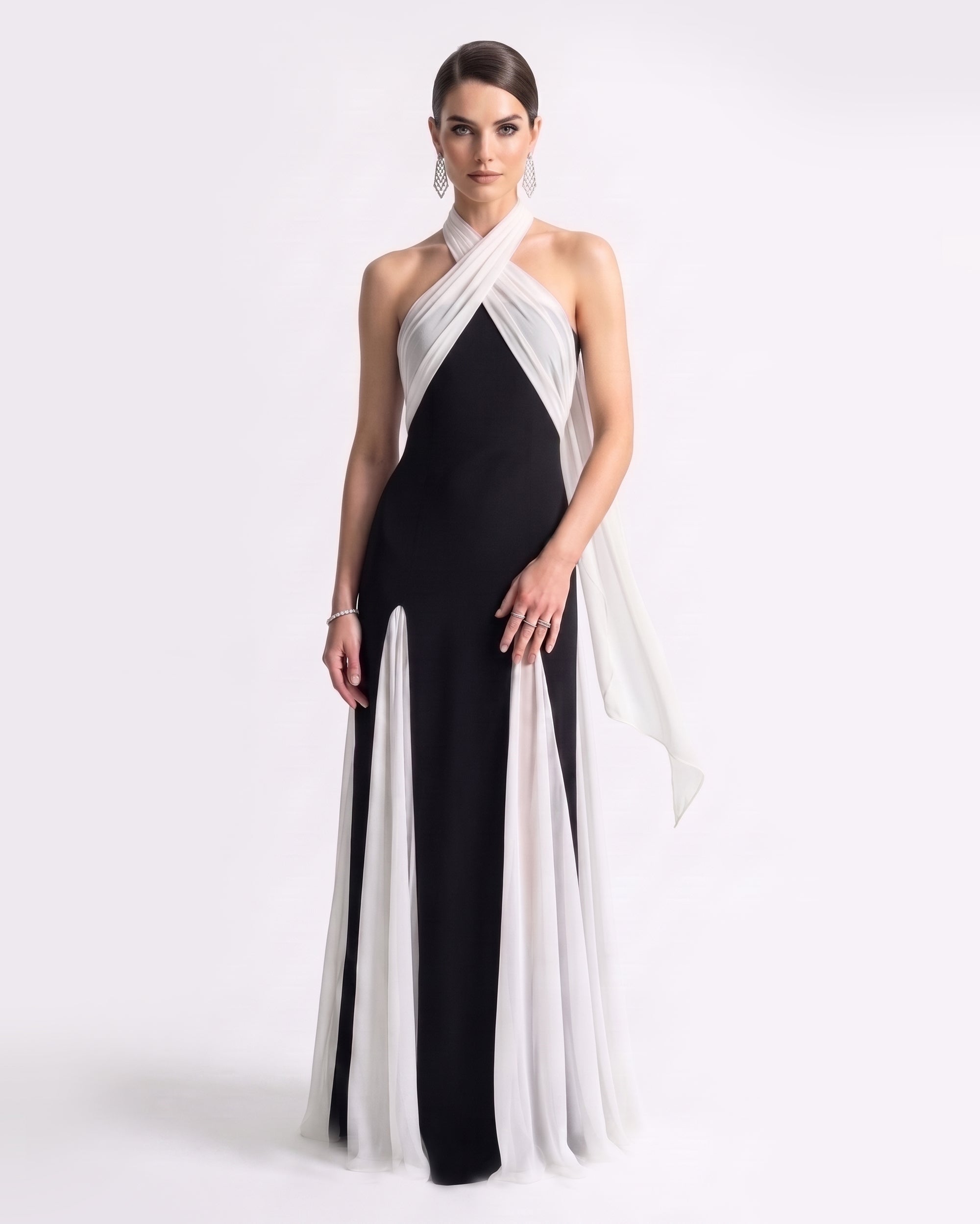 black white contrast dress Cross Halter Draped Slit Maxi Gown - & MODEL INFO Model is Black Wool-Blend Maxi Coat Color:Ember Plaid HOLIDAY25