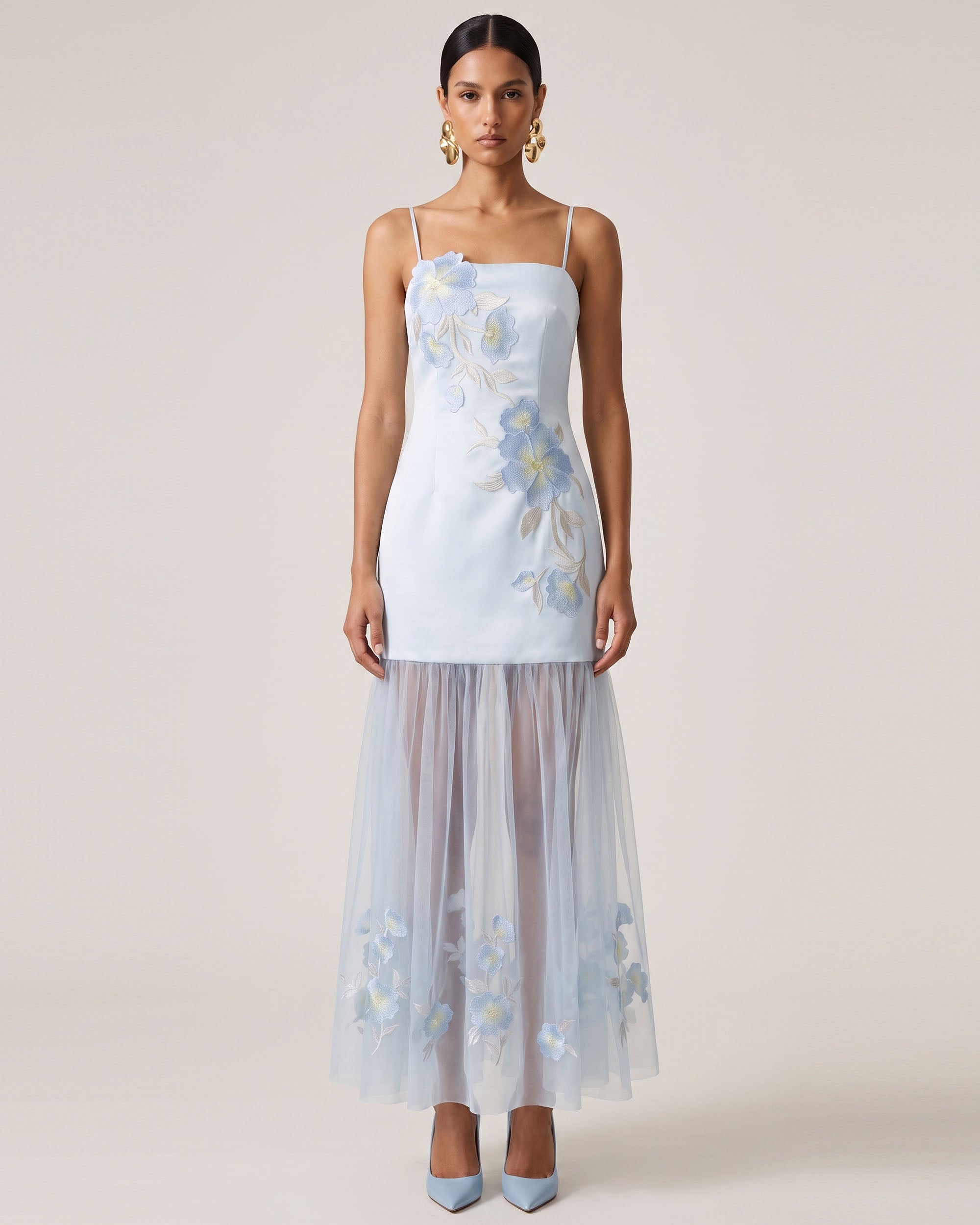 Floral Embroidered Sheer Overlay Maxi Dress