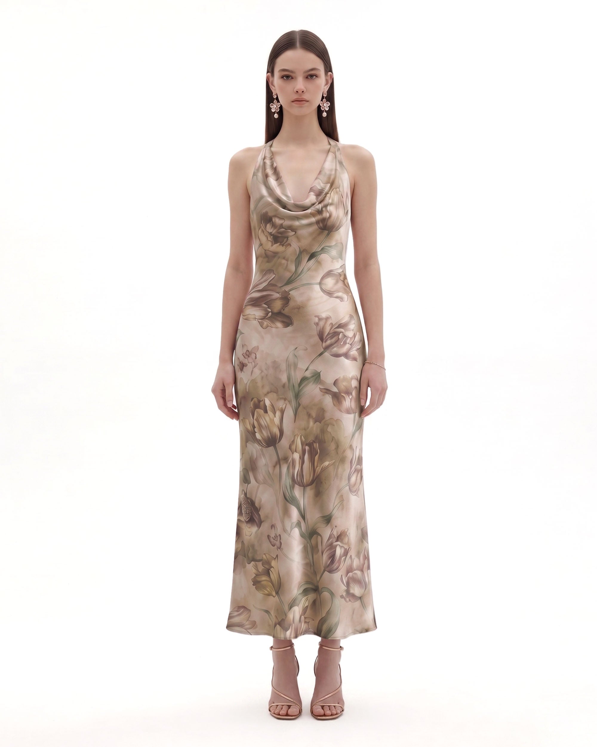 beige cowl neck dress Floral Print Cowl-Neck Satin Maxi - edit-crochet-effect this dress features a Ankle Length Tulle Dress Sleeve:37