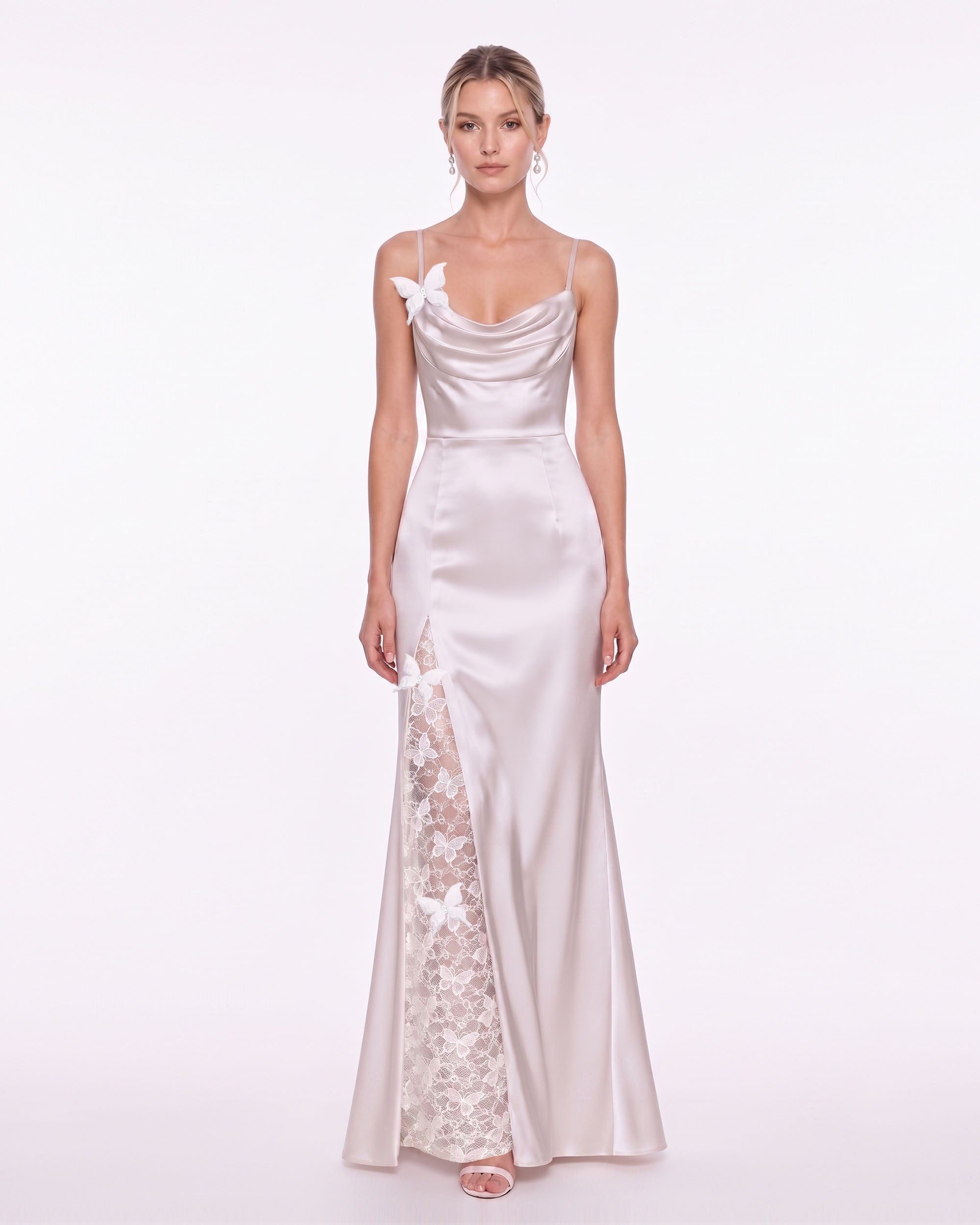 ivory maxi dress satin Butterfly Lace Panel Cowl - 6 cream satin dress with sleeves