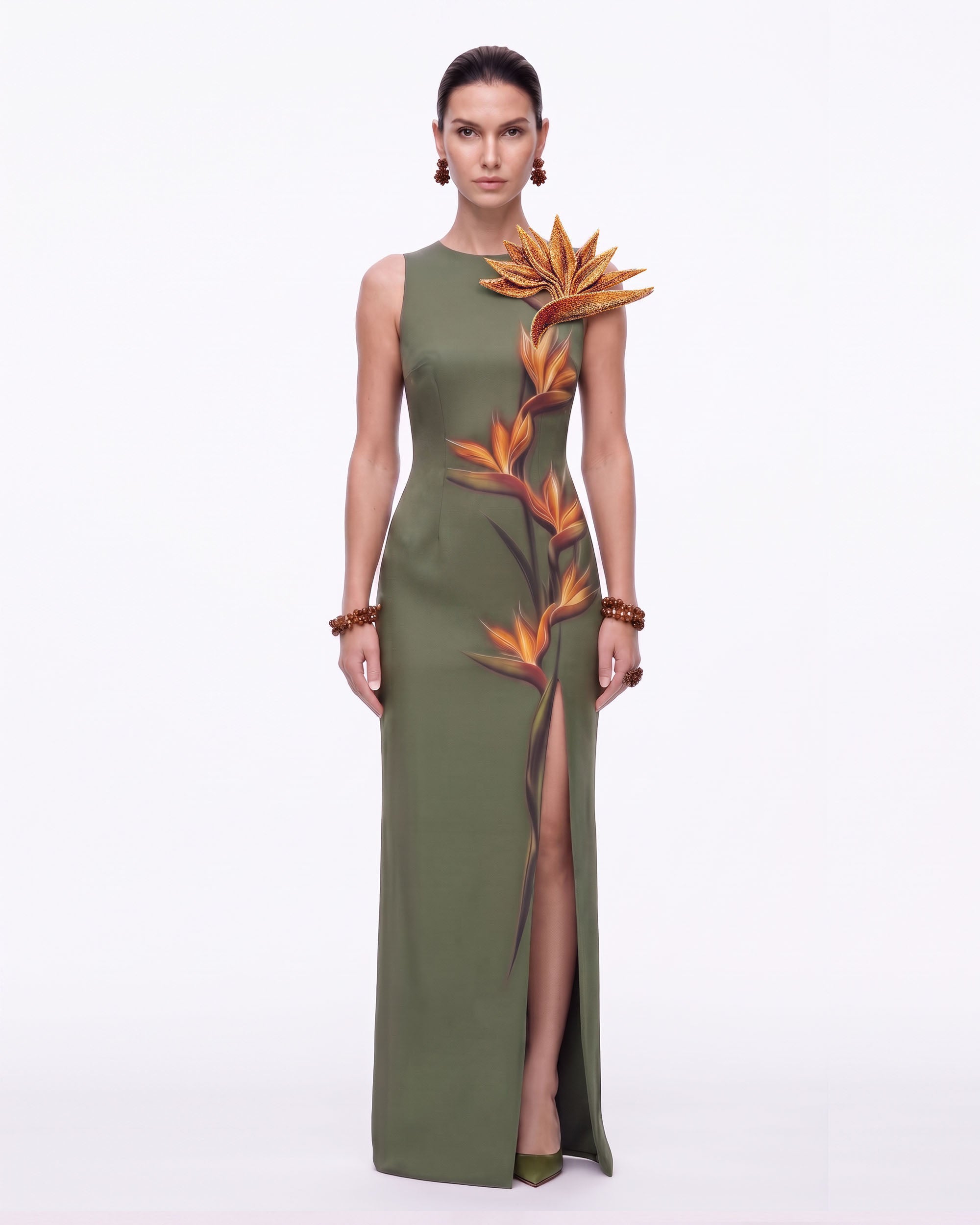 Bird of Paradise Appliqué Slit Maxi Dress - Olive Green 2