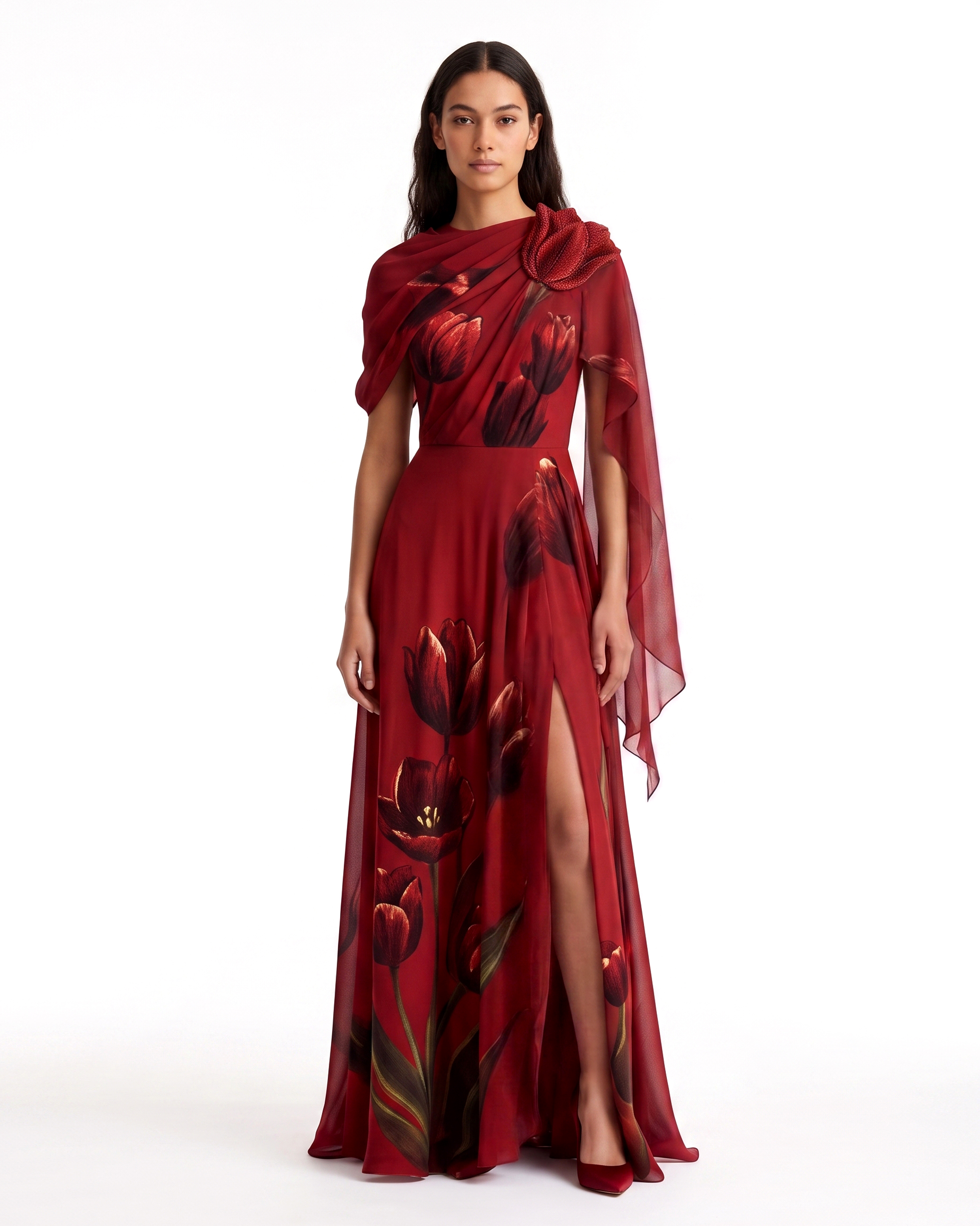 burgundy floral dress maxi Tulip Draped Cape Slit Azazie A-Line Scoop Neck outofoffice Size:20W Hidden side zipper/clasp