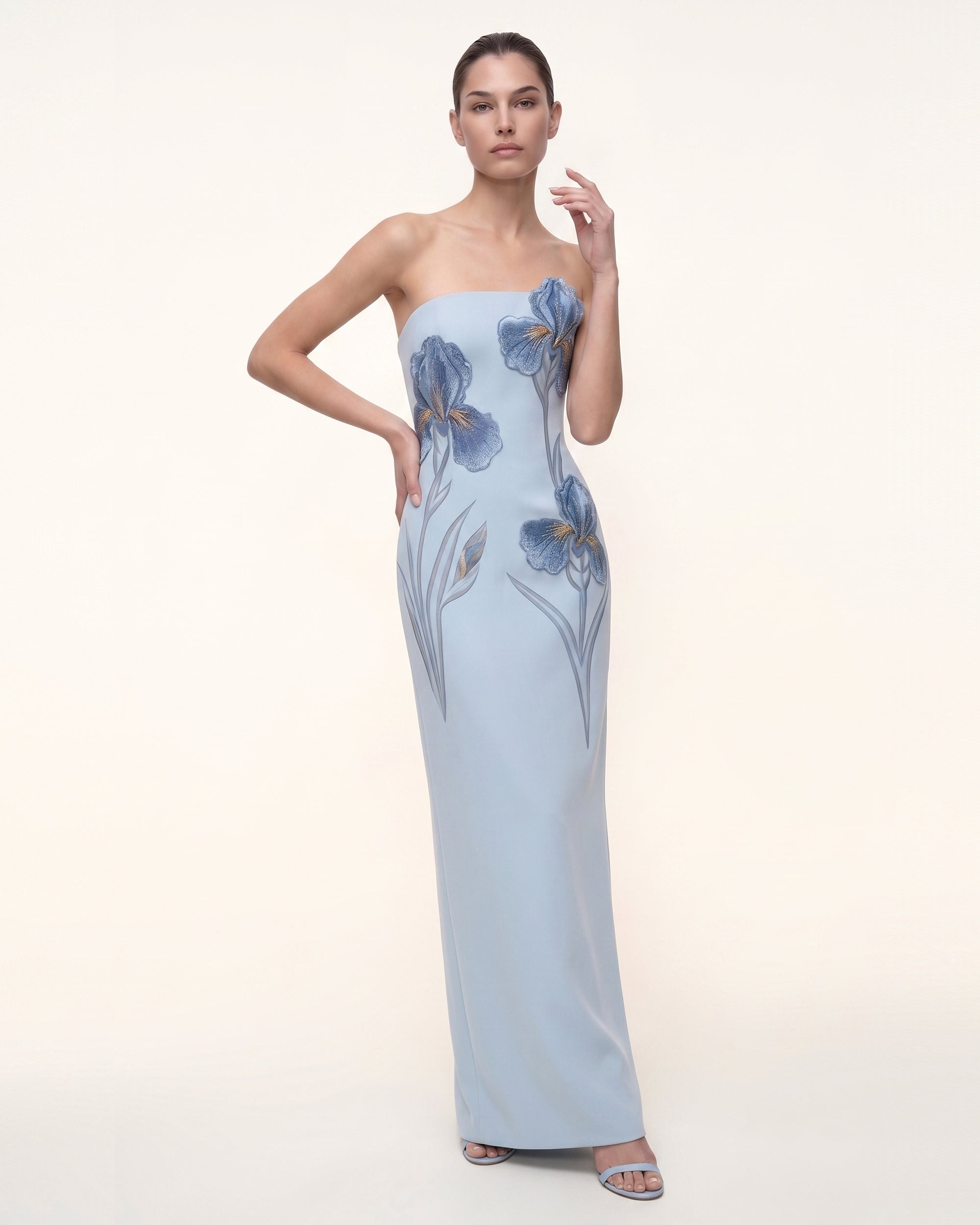 light blue strapless maxi dress Britt Tie Back  Shop American Threads Women's Trendy Online Boutique Sky / XS metallic trim Jasmine Strapless Satin Maxi Dress