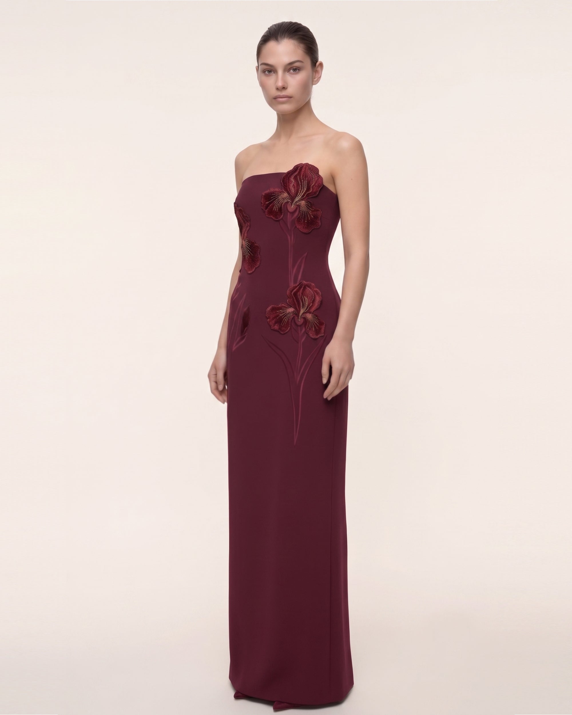 Iris Embroidered Strapless Maxi Dress - Burgundy 4