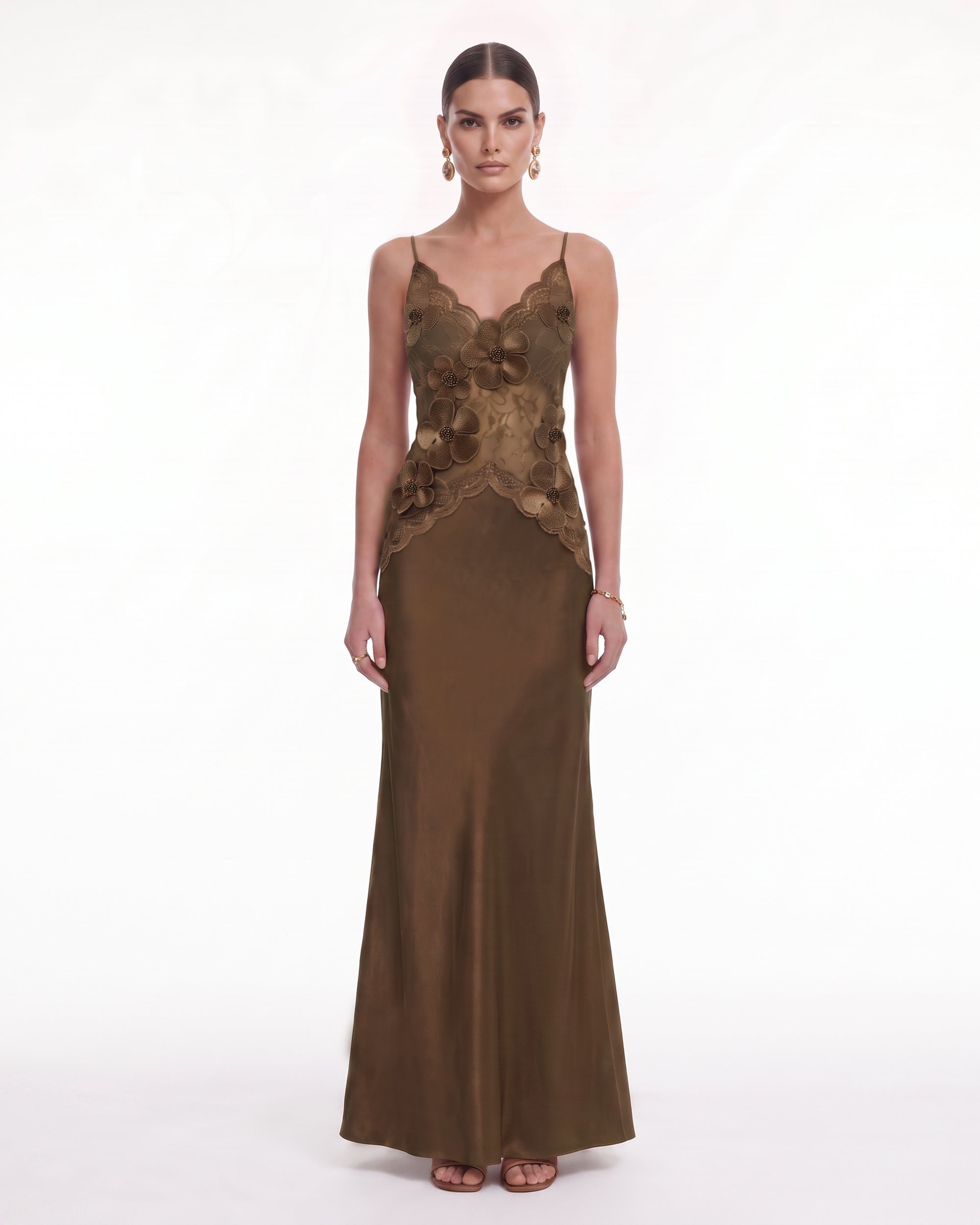 Floral Appliqué Scalloped Lace Satin Maxi Dress - Brown