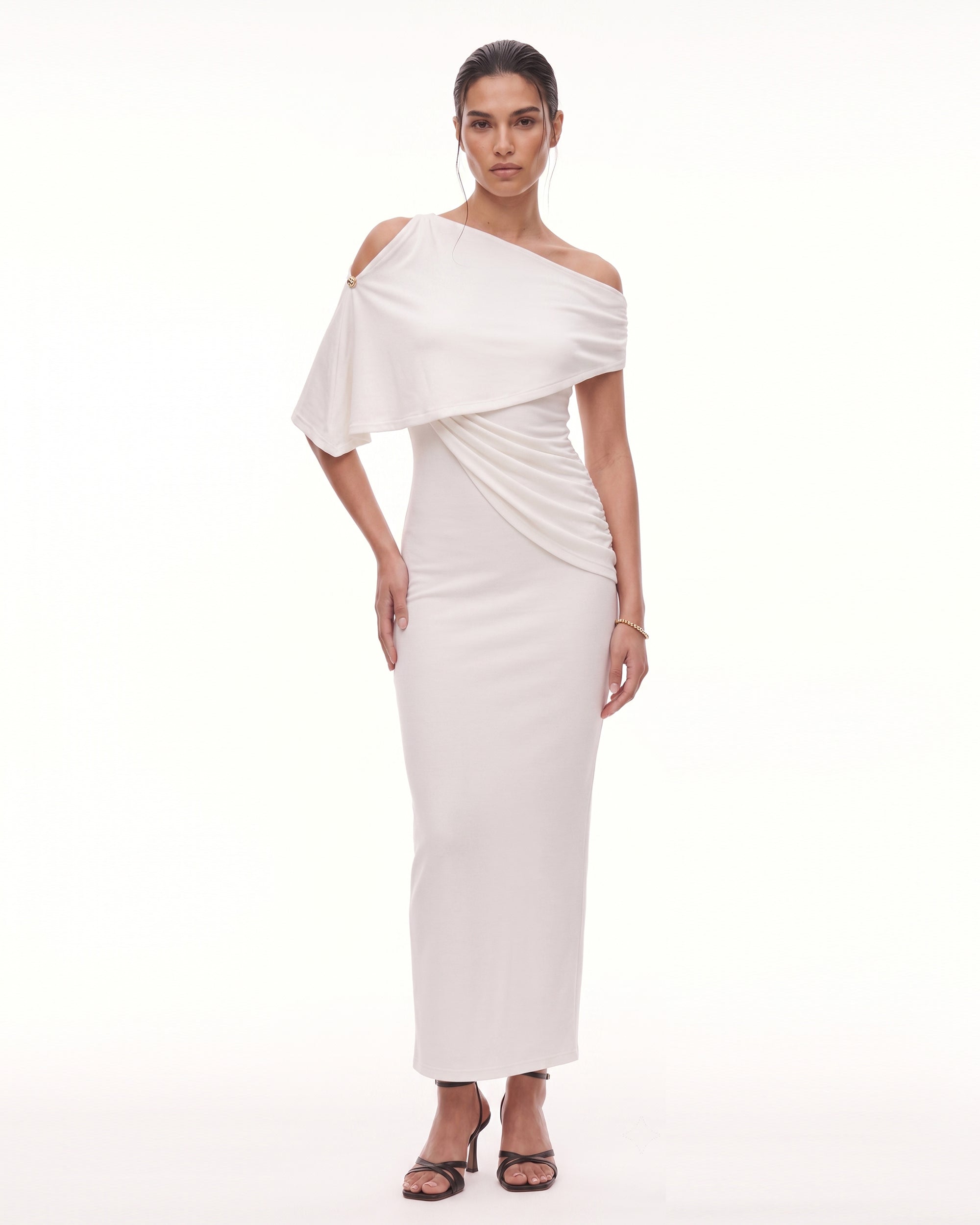 cape midi dress Satin Crepe in Dark Pink Roland Mouret The high neckline and cape sleeves make it the perfect piece for an elegant occasion Asymmetric Shoulder Draped Cape Midi