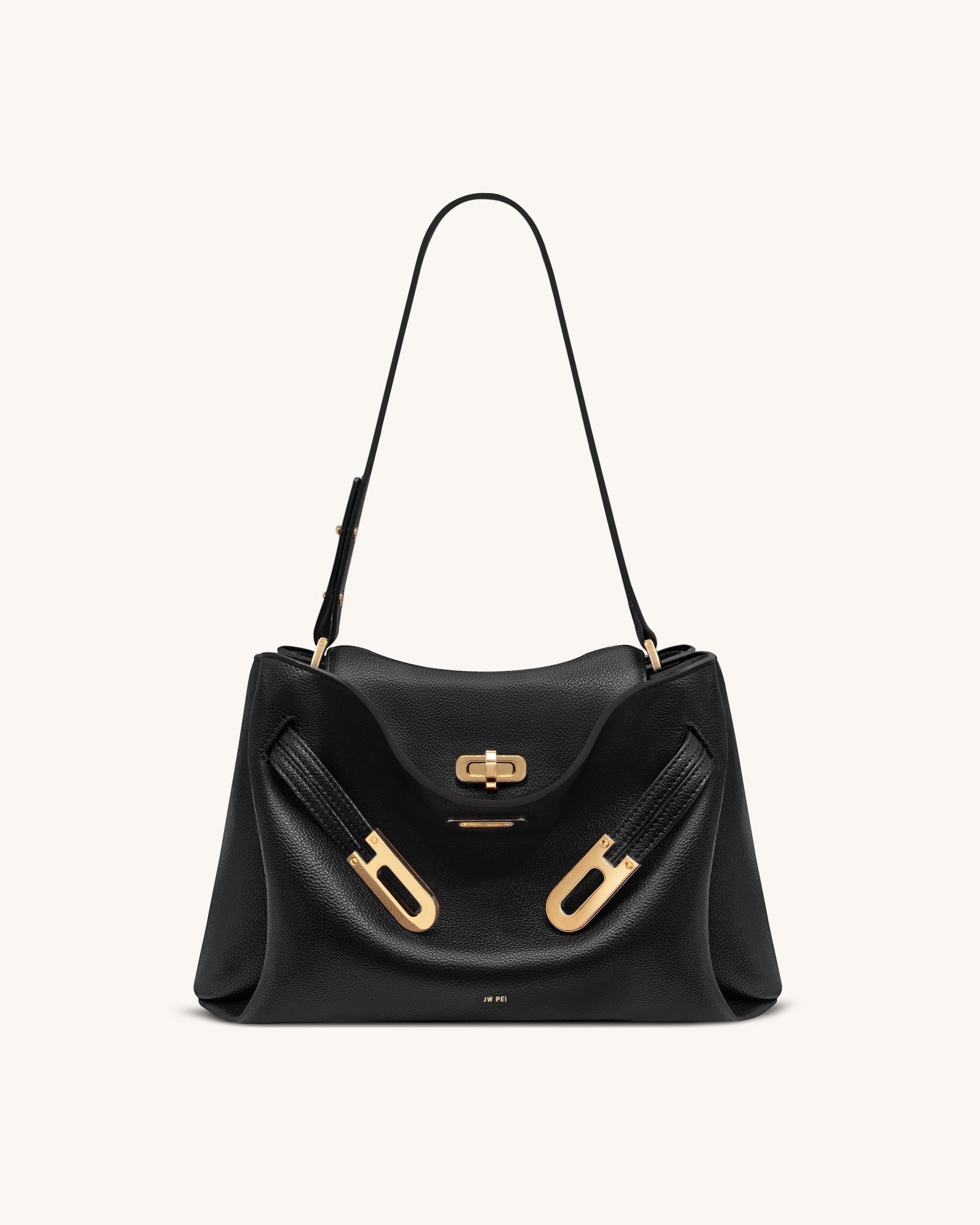 Rhea Pebbled Double Buckle Shoulder Bag - Black | JW PEI