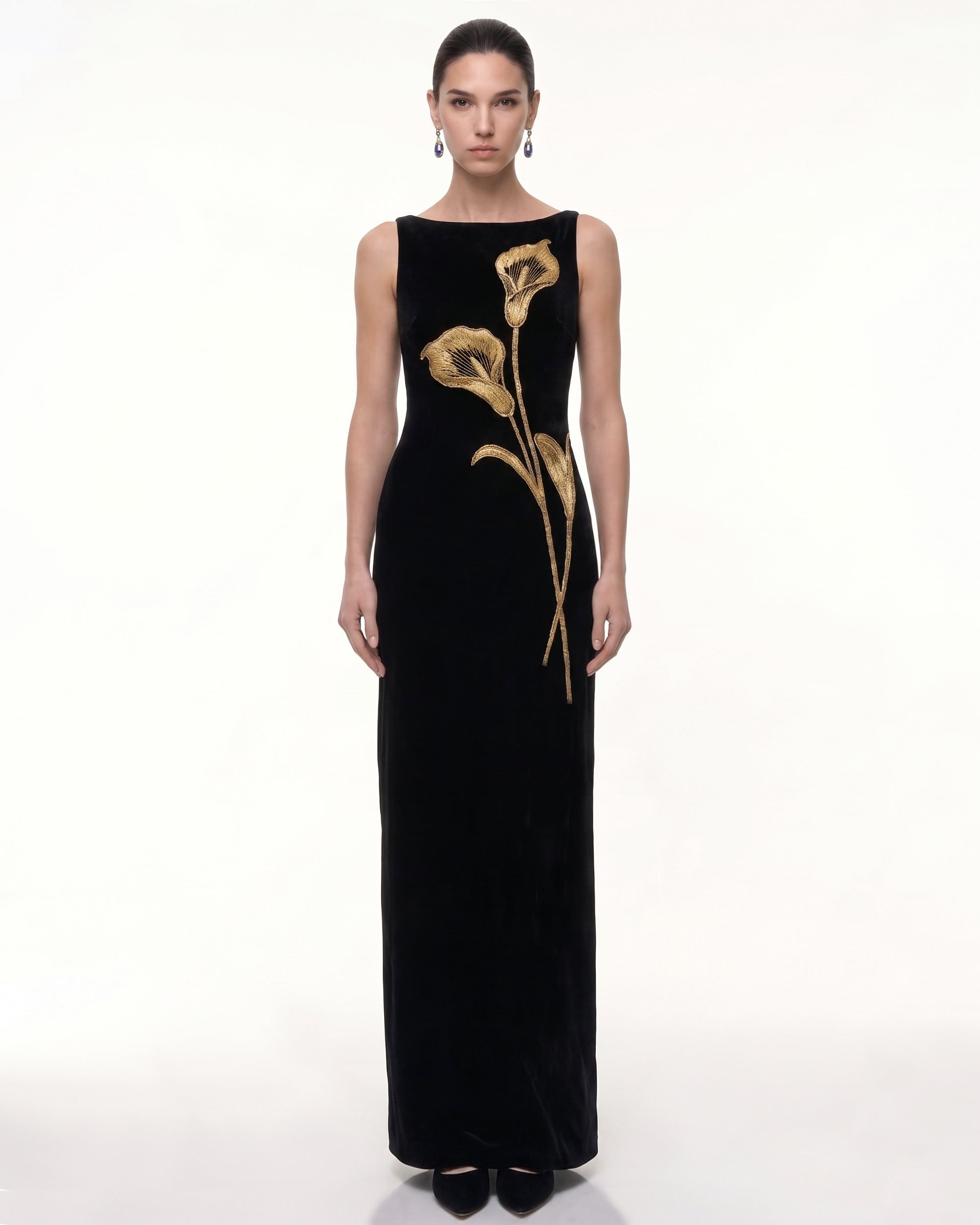 calla lily formals & prom dresses Embellished Velvet Column Maxi Dress CO_452
