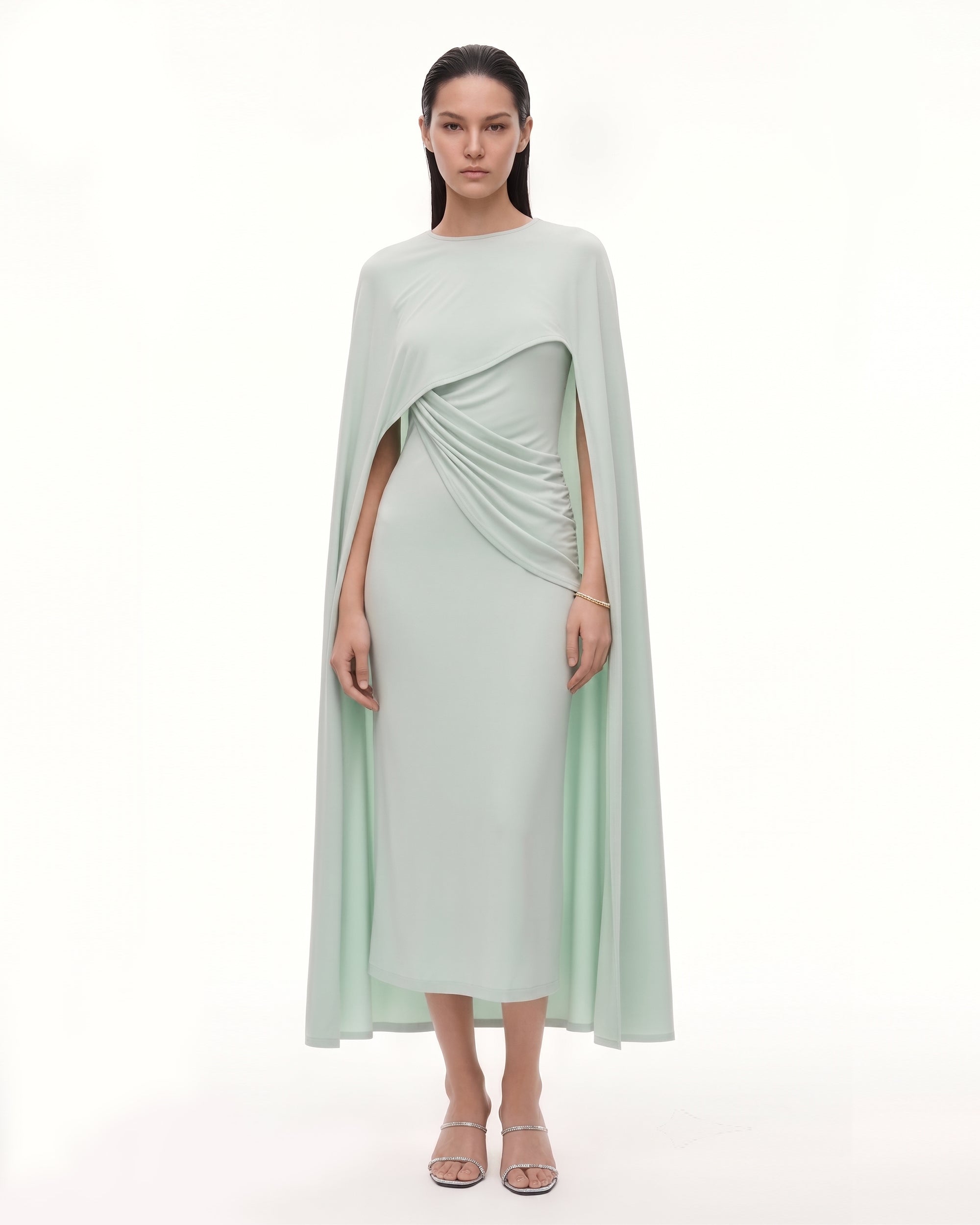 cape midi dress A-line with Sleeves Light blue / US 20 complemented by a fluid cape sleeve that adds movement and sculptural appeal Draped Full Cape Midi Dress