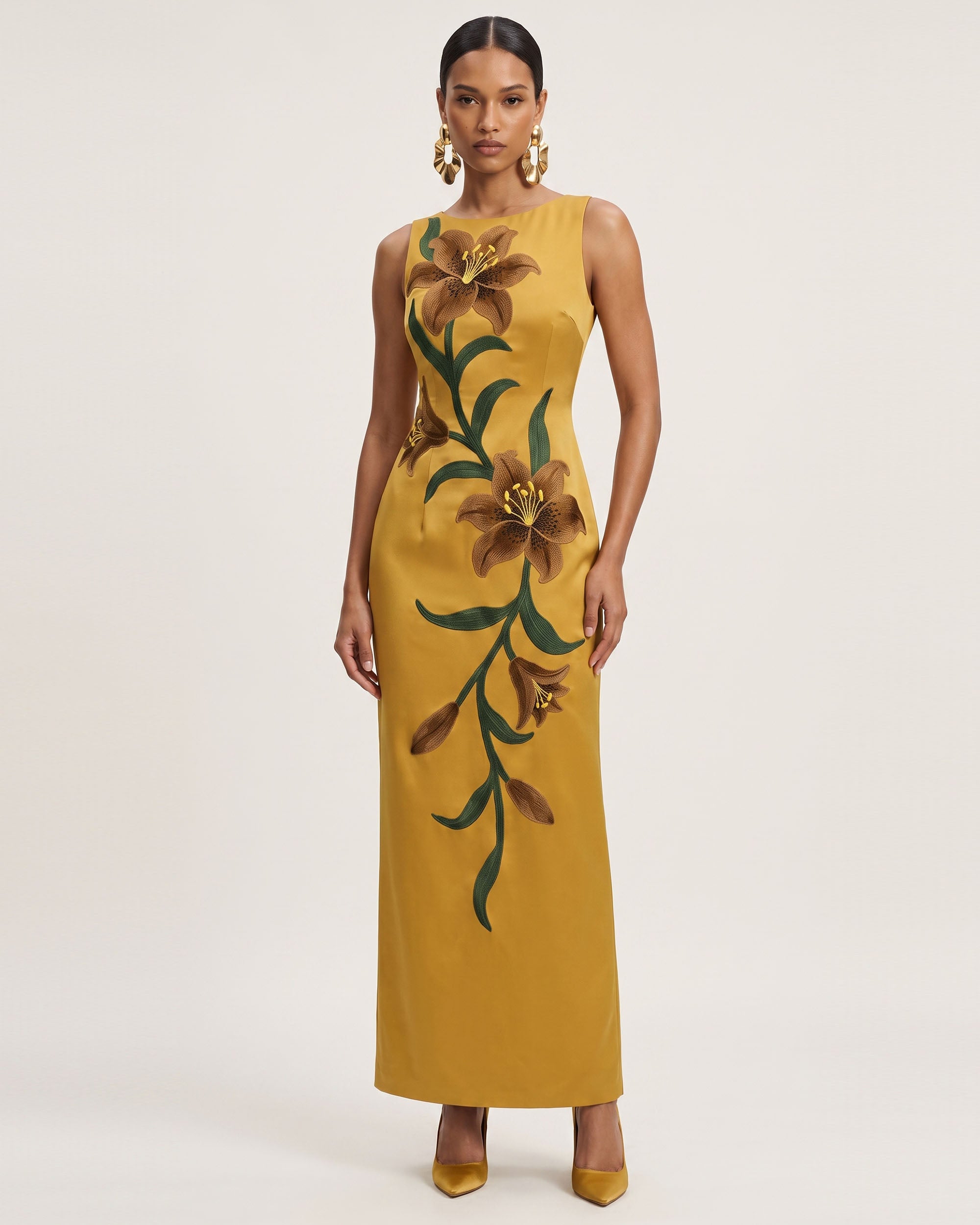 mustard yellow dress floral Lily Print Sleeveless Column Maxi - SELECT SIZE:5XL LaDivine 7475C Plus Size mermaid Bridesmaid Dresses satin comfortable choice for warm