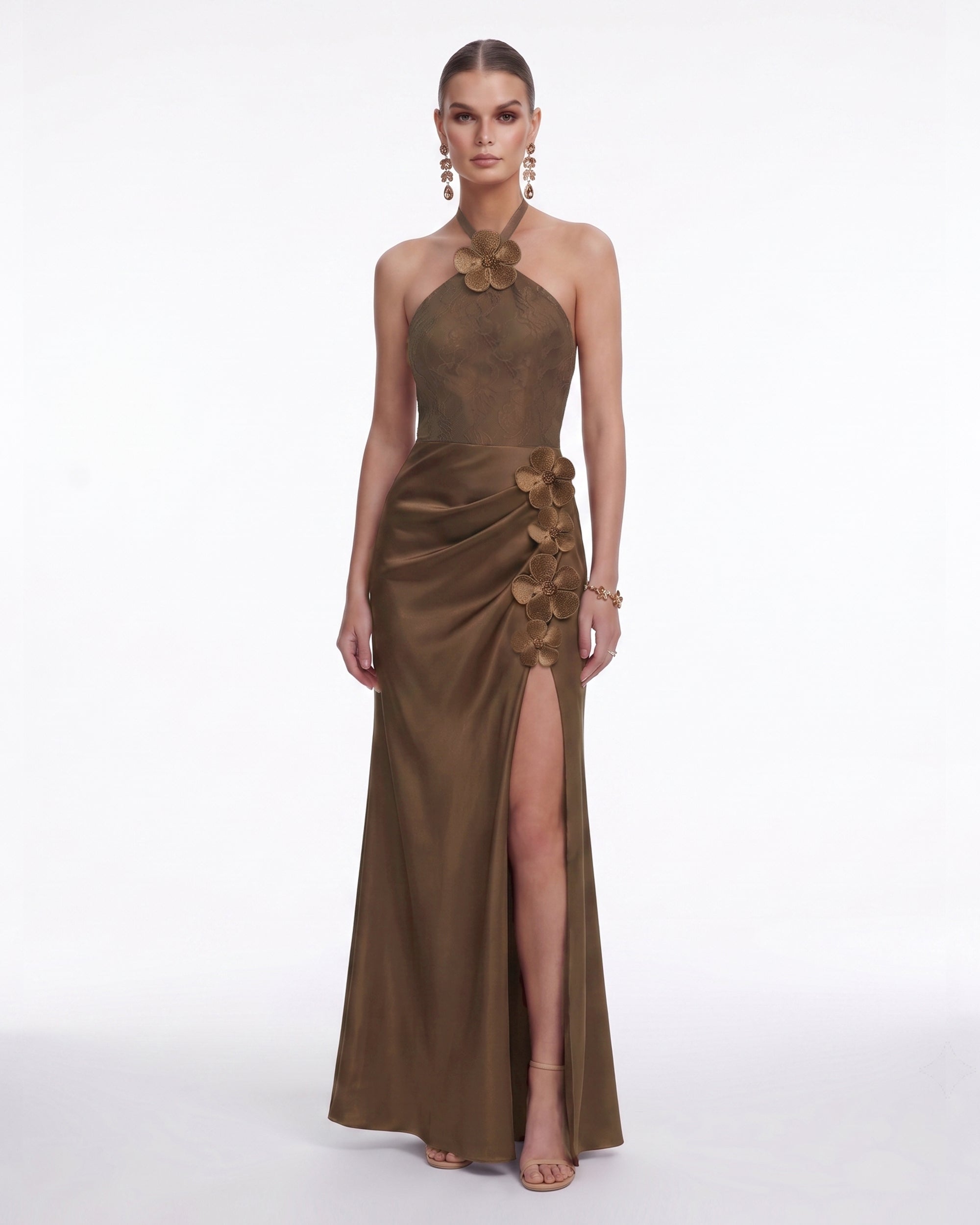 Floral Appliqué Halter Slit Satin Maxi Dress - Brown 2