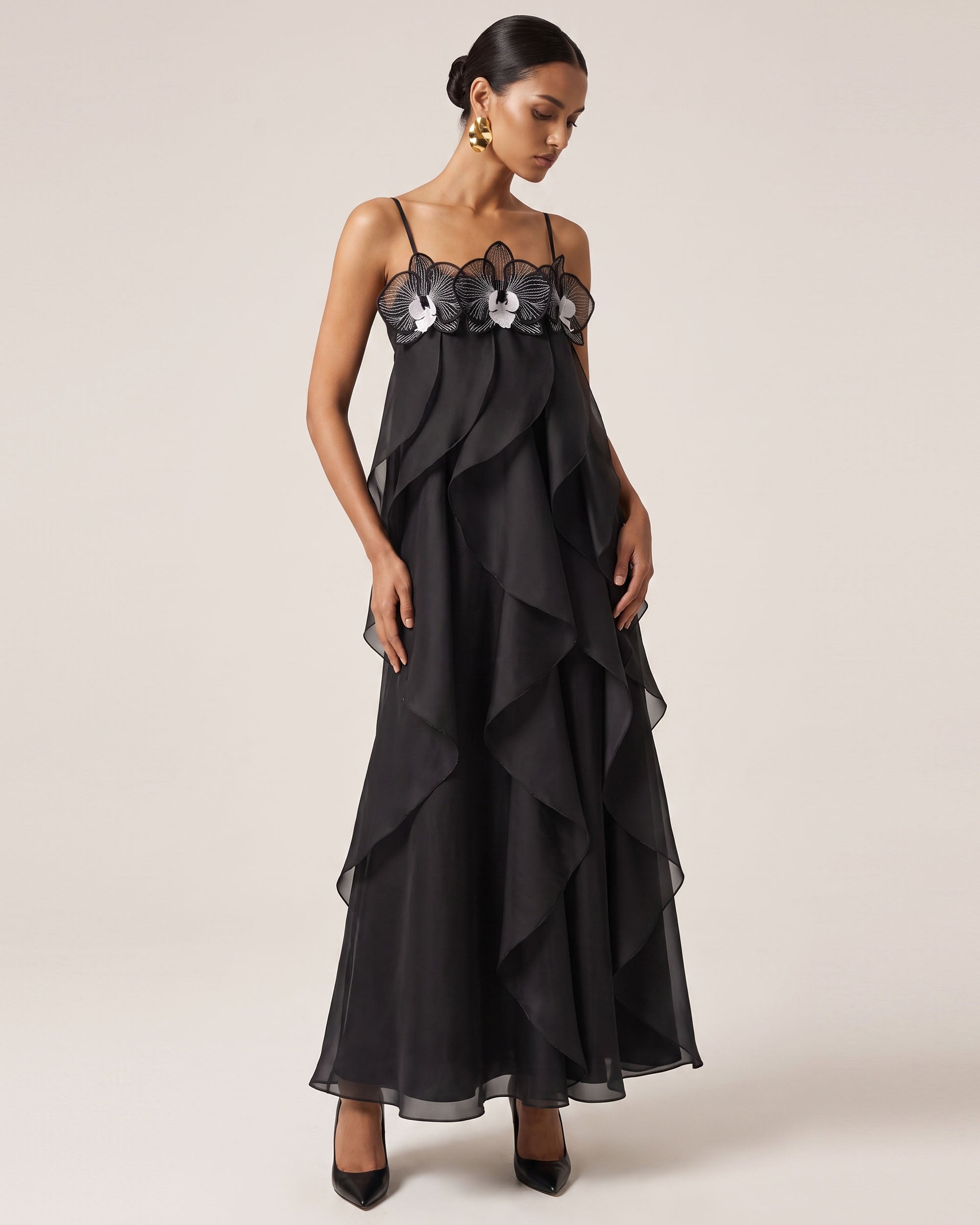 black orchid dress Embroidered Organza Maxi - 2 cutouts on the front
