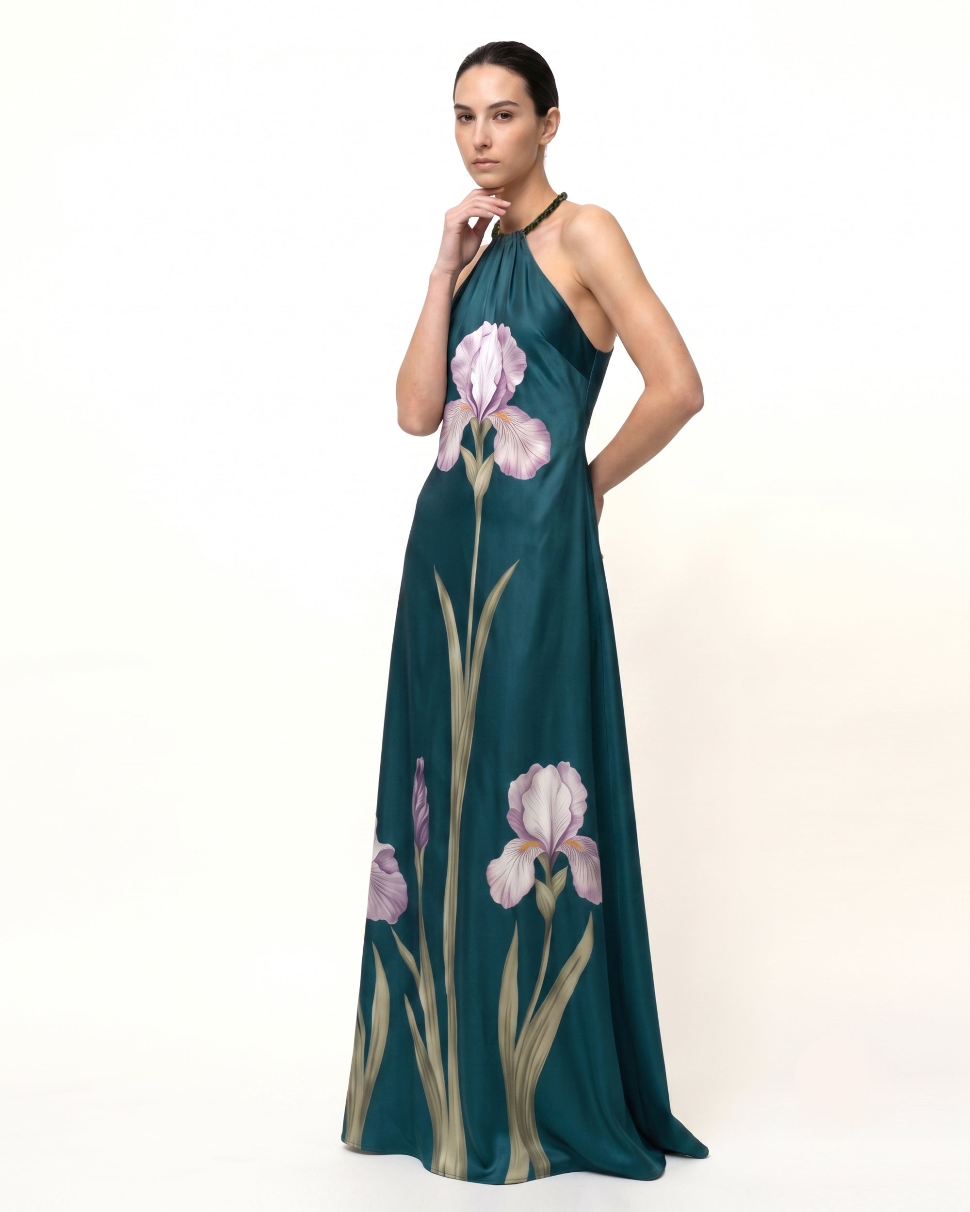 Iris Floral Print Halter Maxi Dress - Emerald