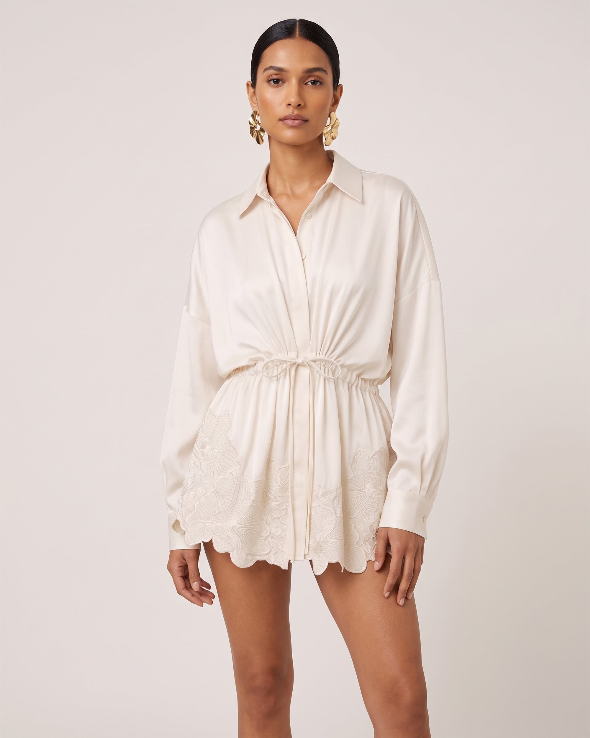 ivory shirt dress Orchid-Embroidered Drawstring-Waist - White SpringSummer