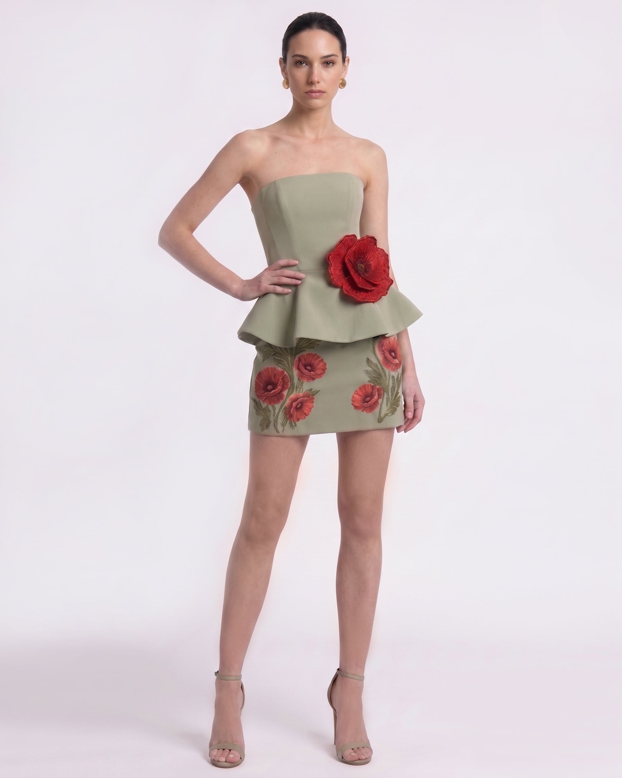 Corn Poppy 3D Flora Peplum Mini Dress - Sage Green | JW PEI