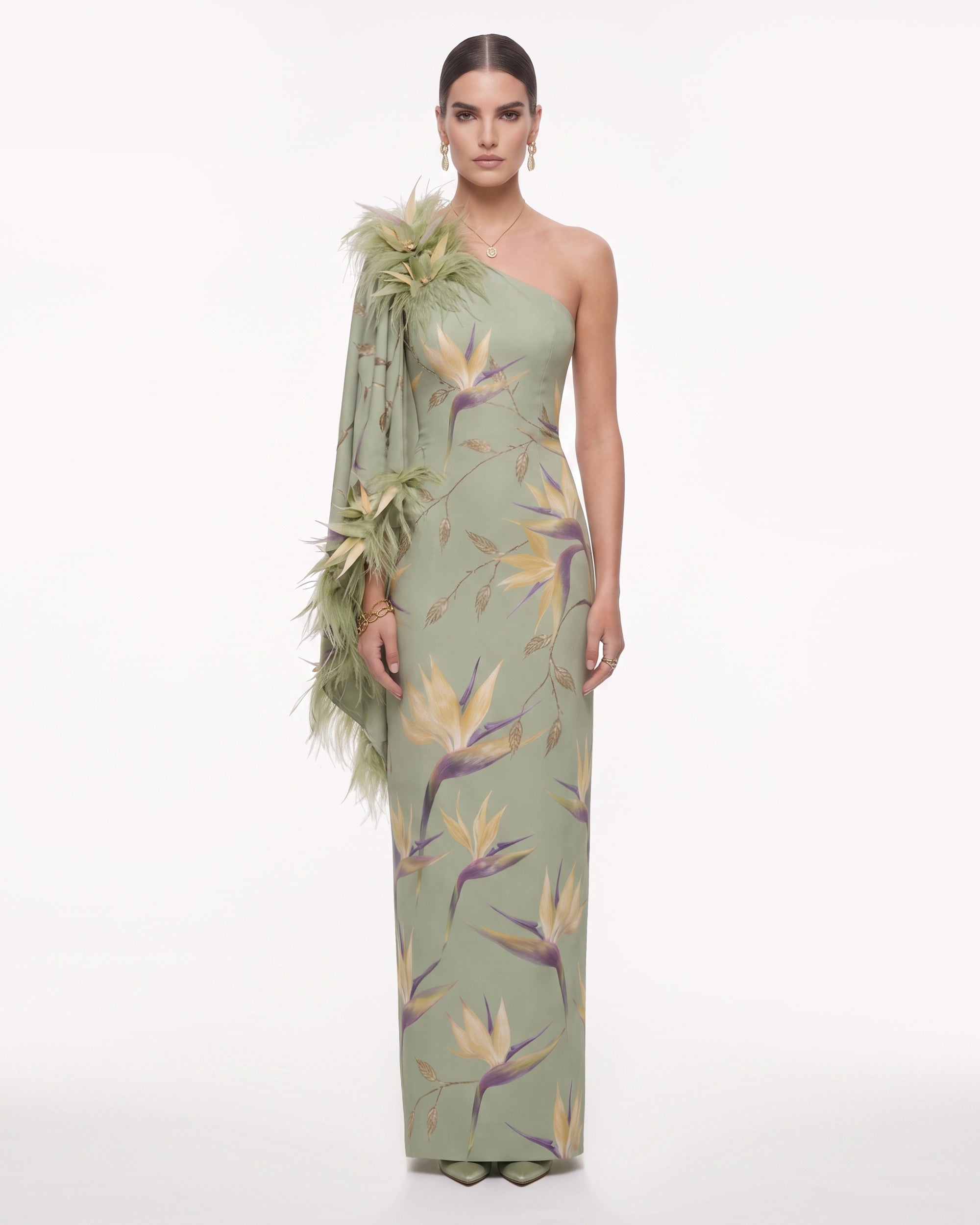 green dress feather trim Bird of Paradise Feather-Trim One-Shoulder Maxi dark green formal dress
