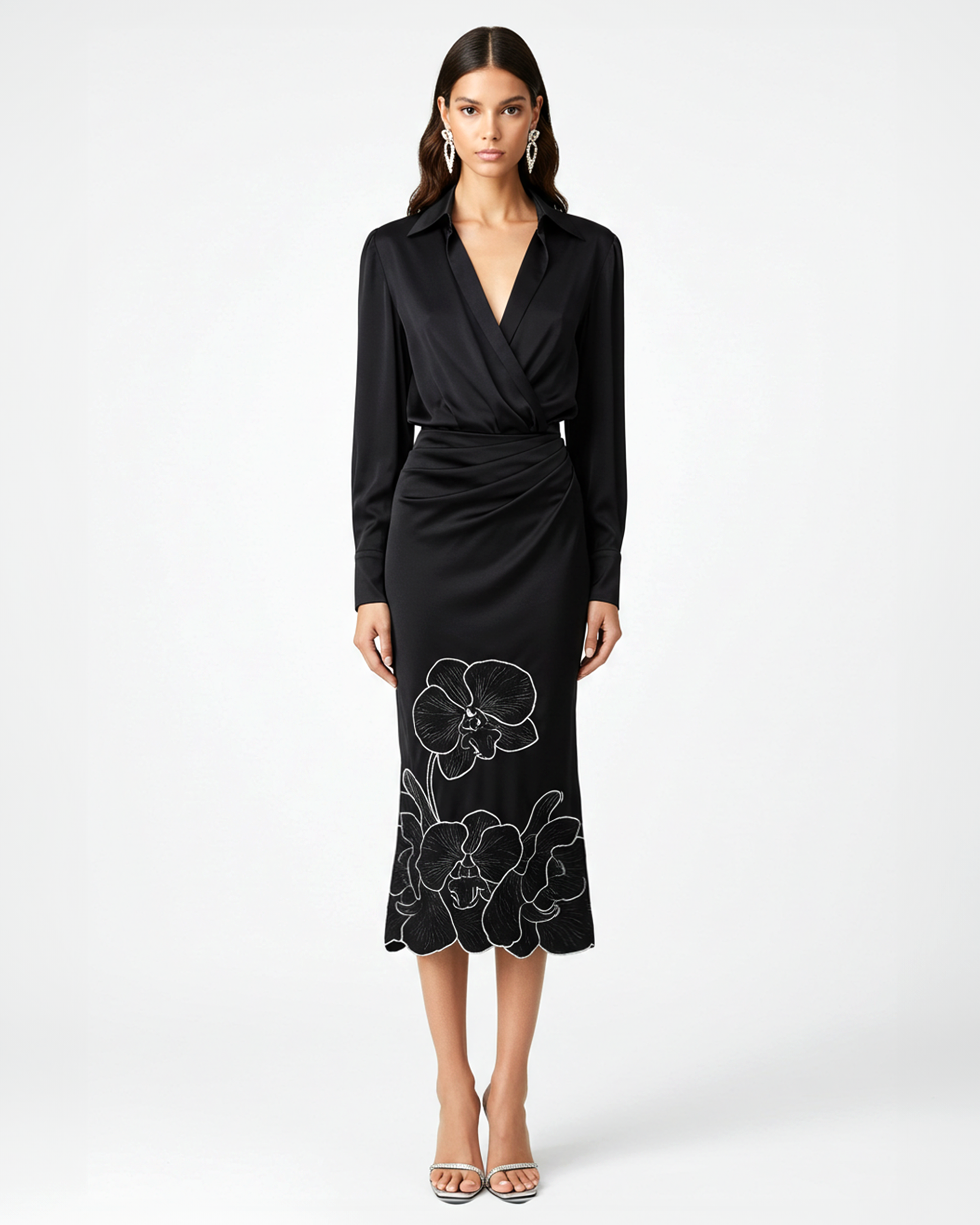 Collared Wrap Midi Dress – Black