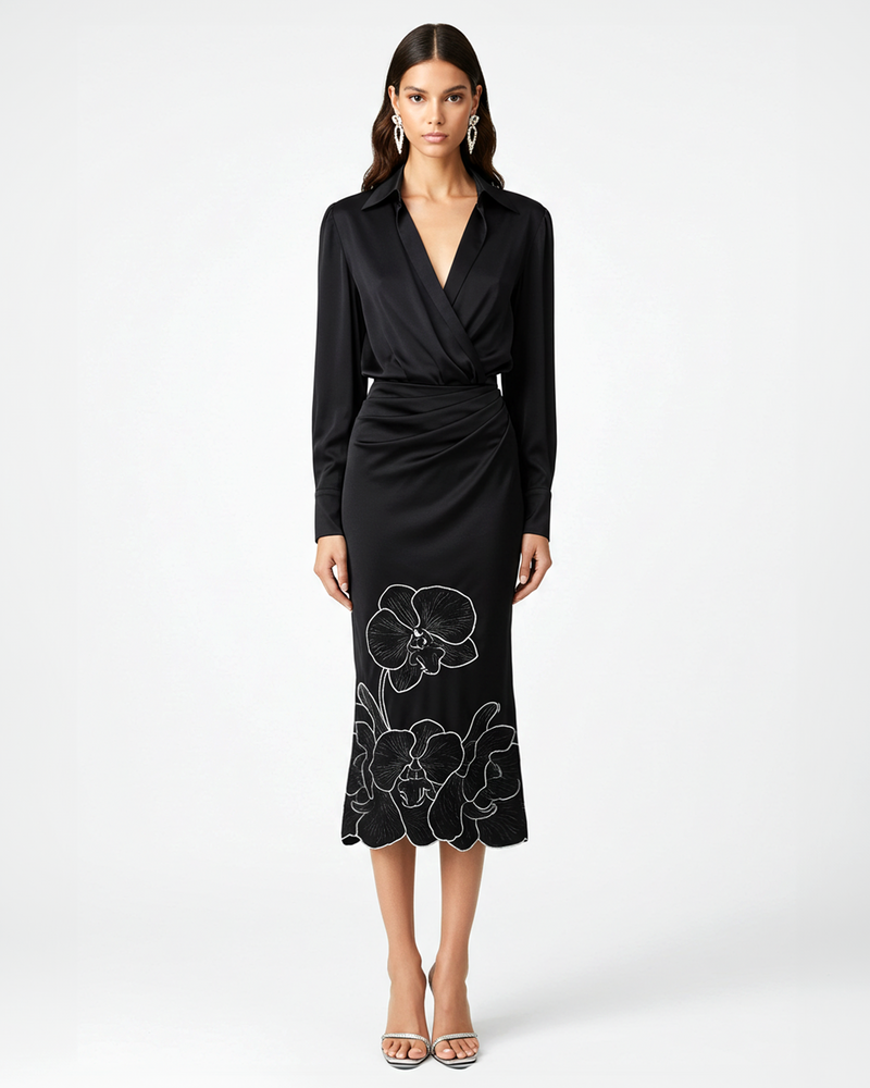 Collared Wrap Midi Dress – Black