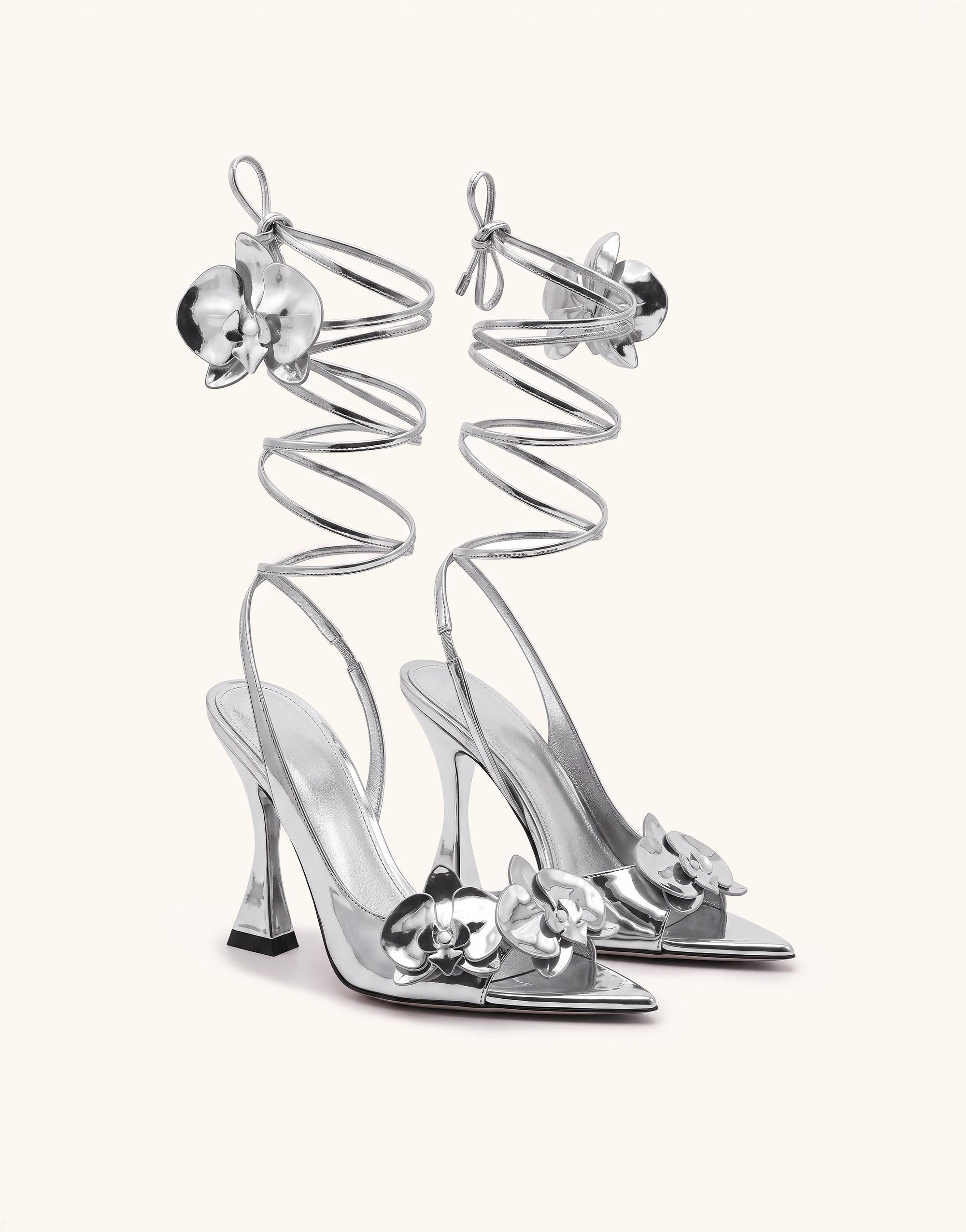 Rosalie Orchid Appliqué Lace-Up Heels - Silver