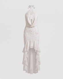 Orchid Beaded Embroidered Halter Cowl Neck High-Low Maxi Dress - White