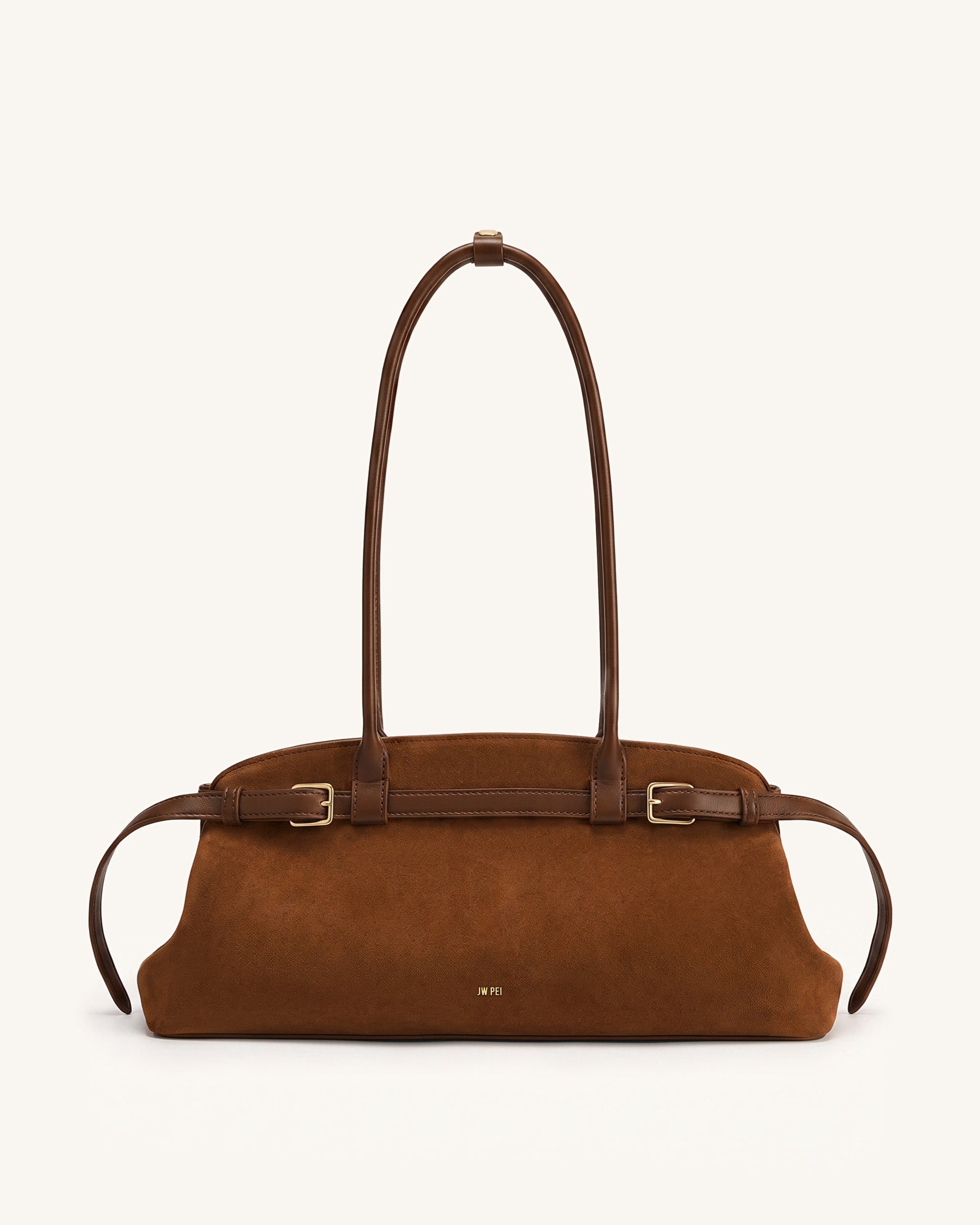 Arden Faux Suede Belt Detail East-West Shoulder Bag - Caramel Brown