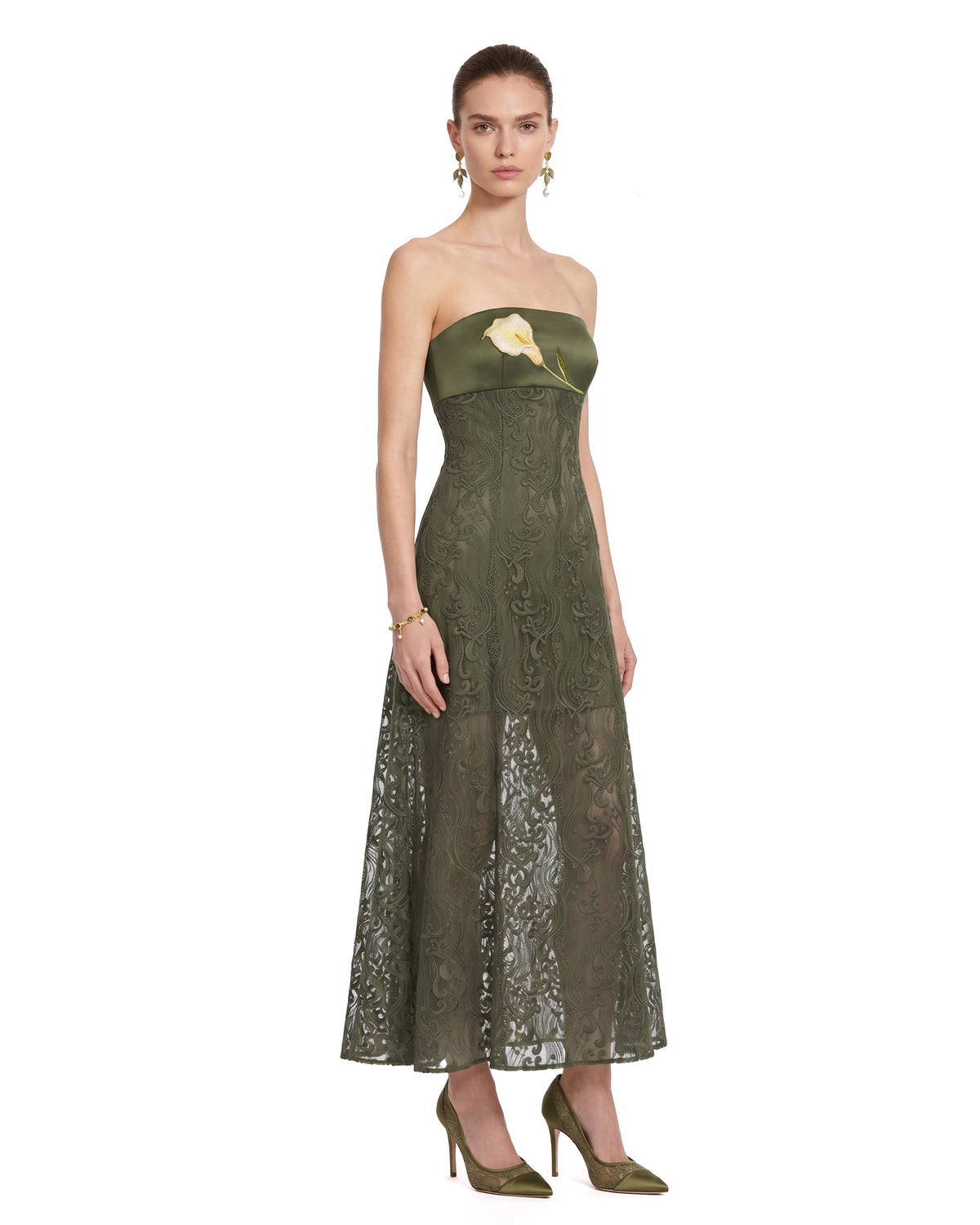 Floral Lace Strapless Midi Dress - Olive