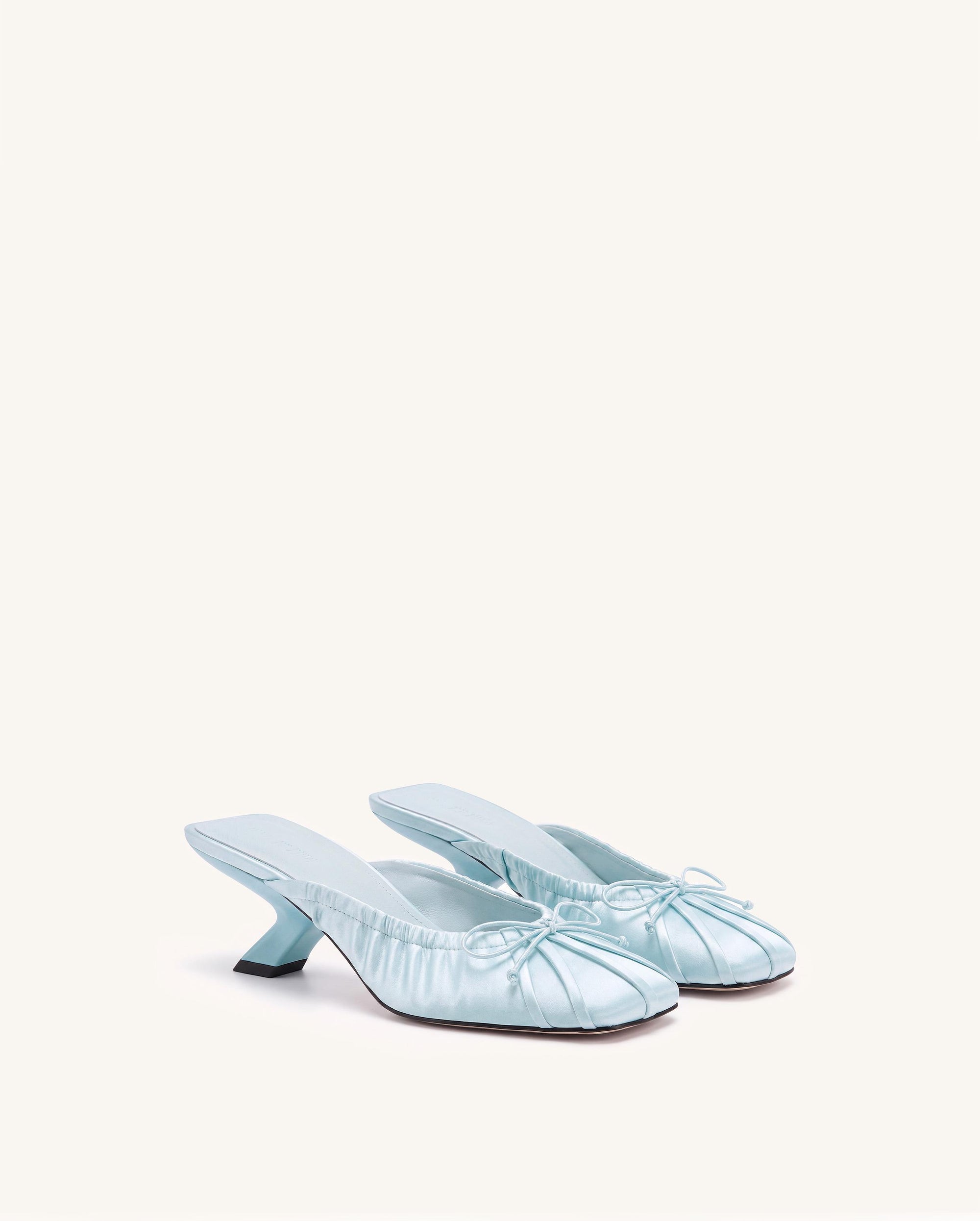 Solenne Satin Bow Ruched Mules - Light Blue