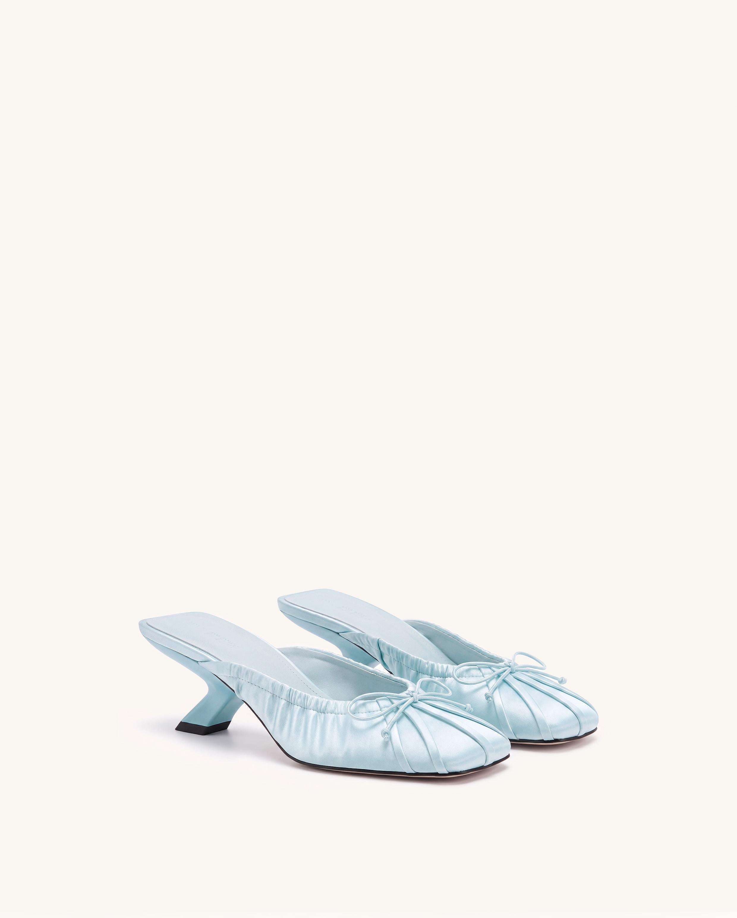 Solenne Satin Bow Ruched Mules - Light Blue