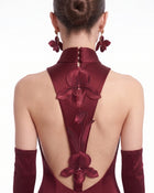 Satin Mock-Neck Floral Applique Open-Back Maxi Dress - Burgundy