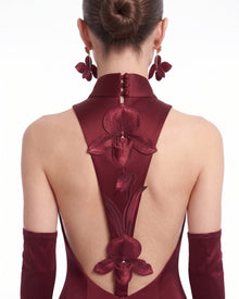 Satin Mock-Neck Floral Applique Open-Back Maxi Dress - Burgundy