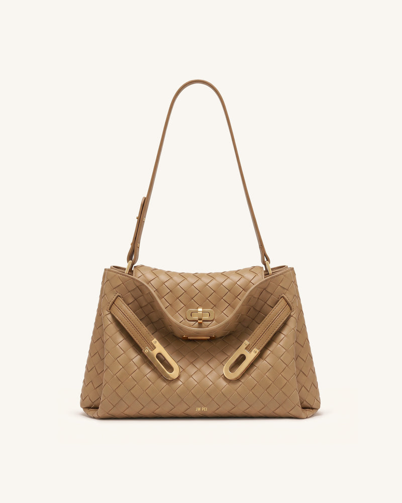 Rhea Woven Texture Double Buckle Shoulder Bag - Light Brown
