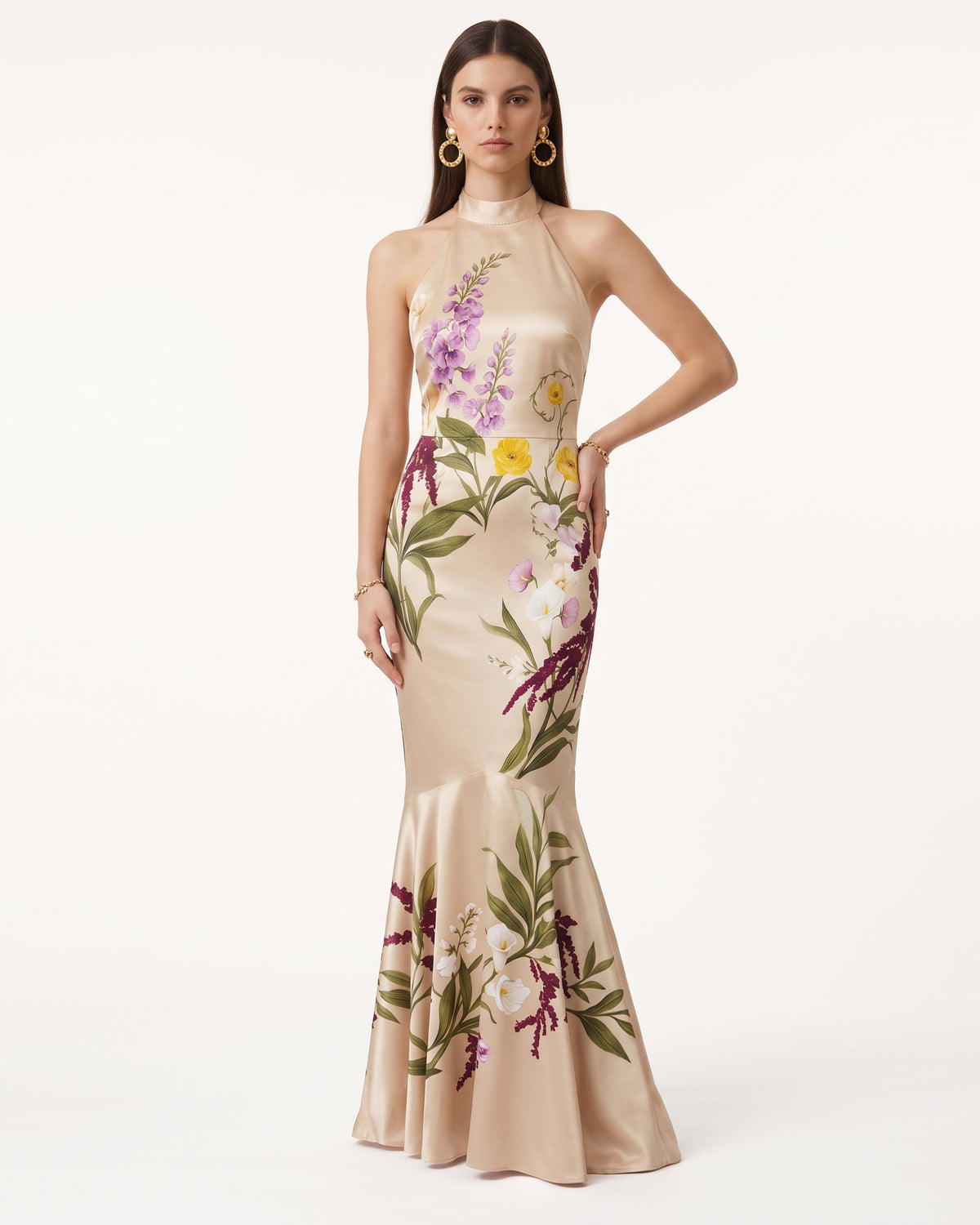 Halter Neck Floral Fitted Mermaid Gown - Champagne