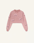 Coquette 3D Satin Bow Pearl Sweatshirt - Vintage Pink