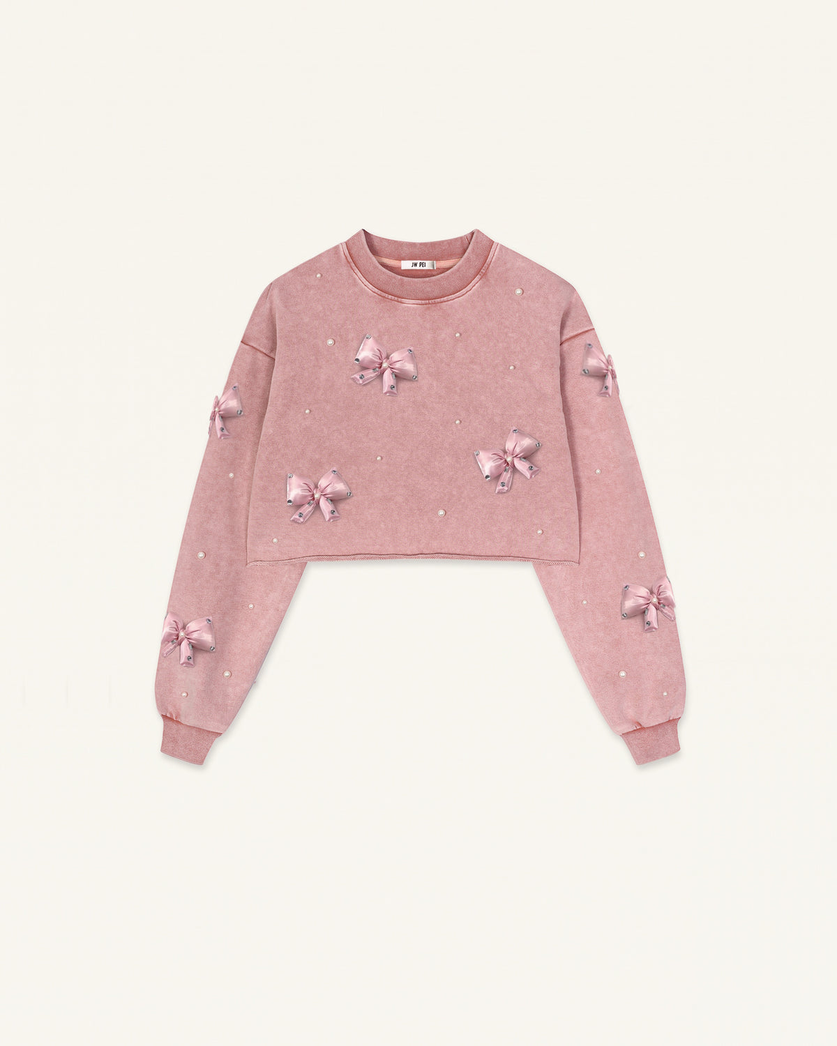 Coquette 3D Satin Bow Pearl Sweatshirt - Vintage Pink