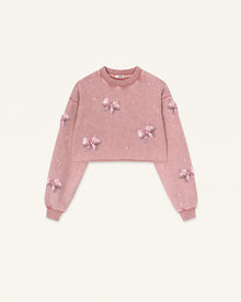 Coquette 3D Satin Bow Pearl Sweatshirt - Vintage Pink